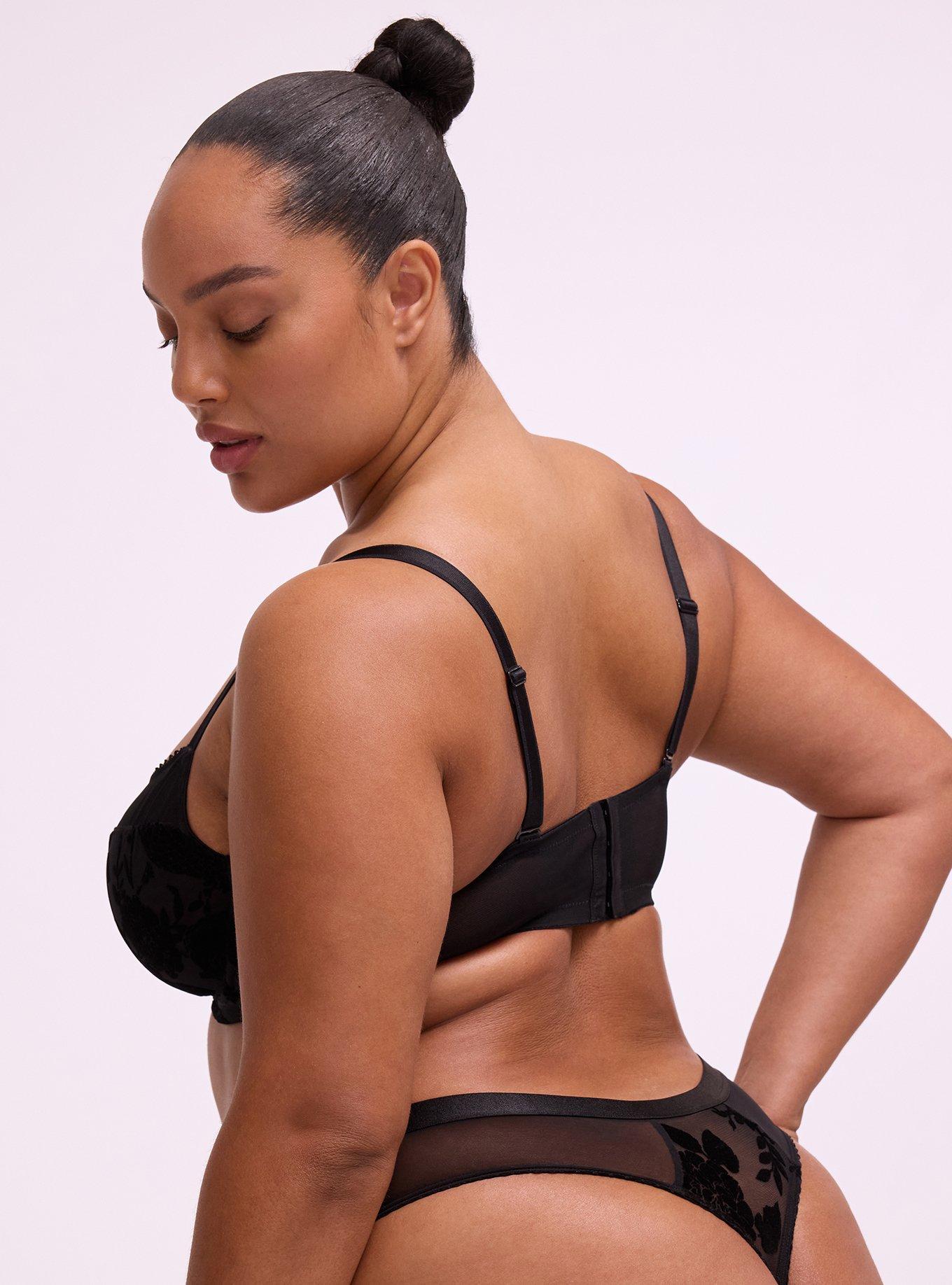 Plus Size Flocked Mesh Mid-Waist Wide Side Thong, SNAKE FLORAL BLACK, alternate
