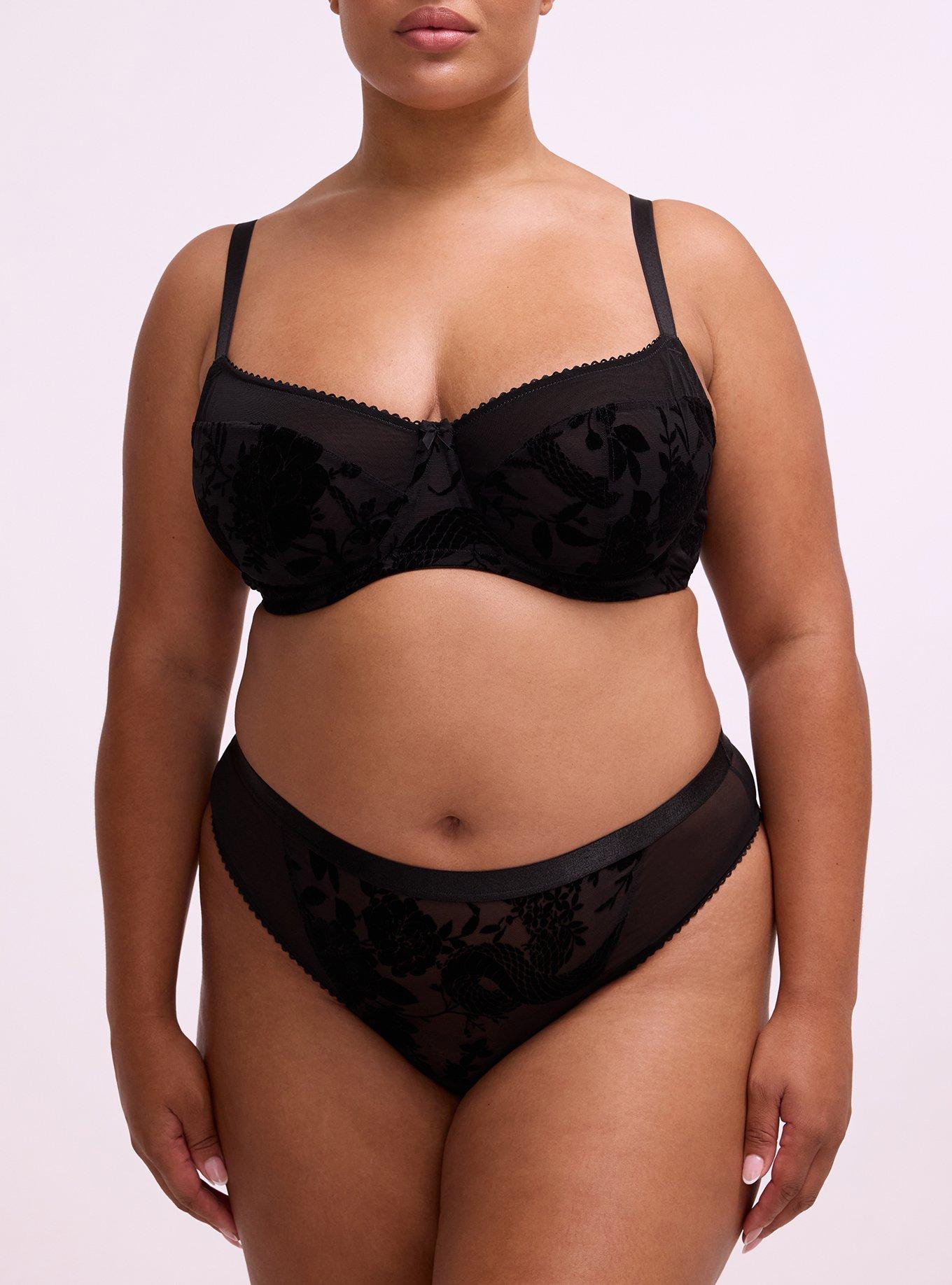 Plus Size Flocked Mesh Mid-Waist Wide Side Thong, SNAKE FLORAL BLACK, alternate
