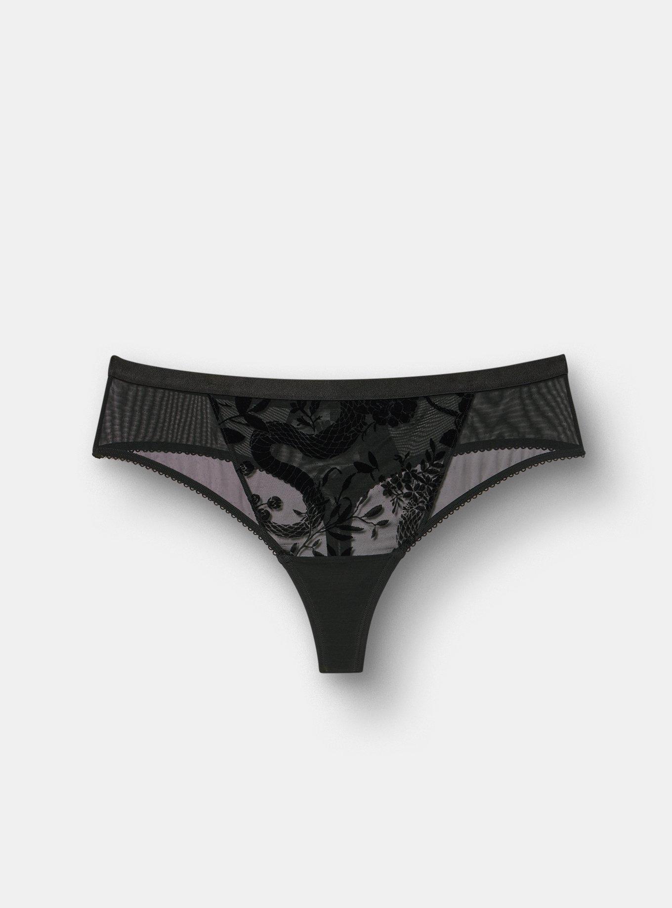 Plus Size Flocked Mesh Mid-Waist Wide Side Thong, SNAKE FLORAL BLACK, flat