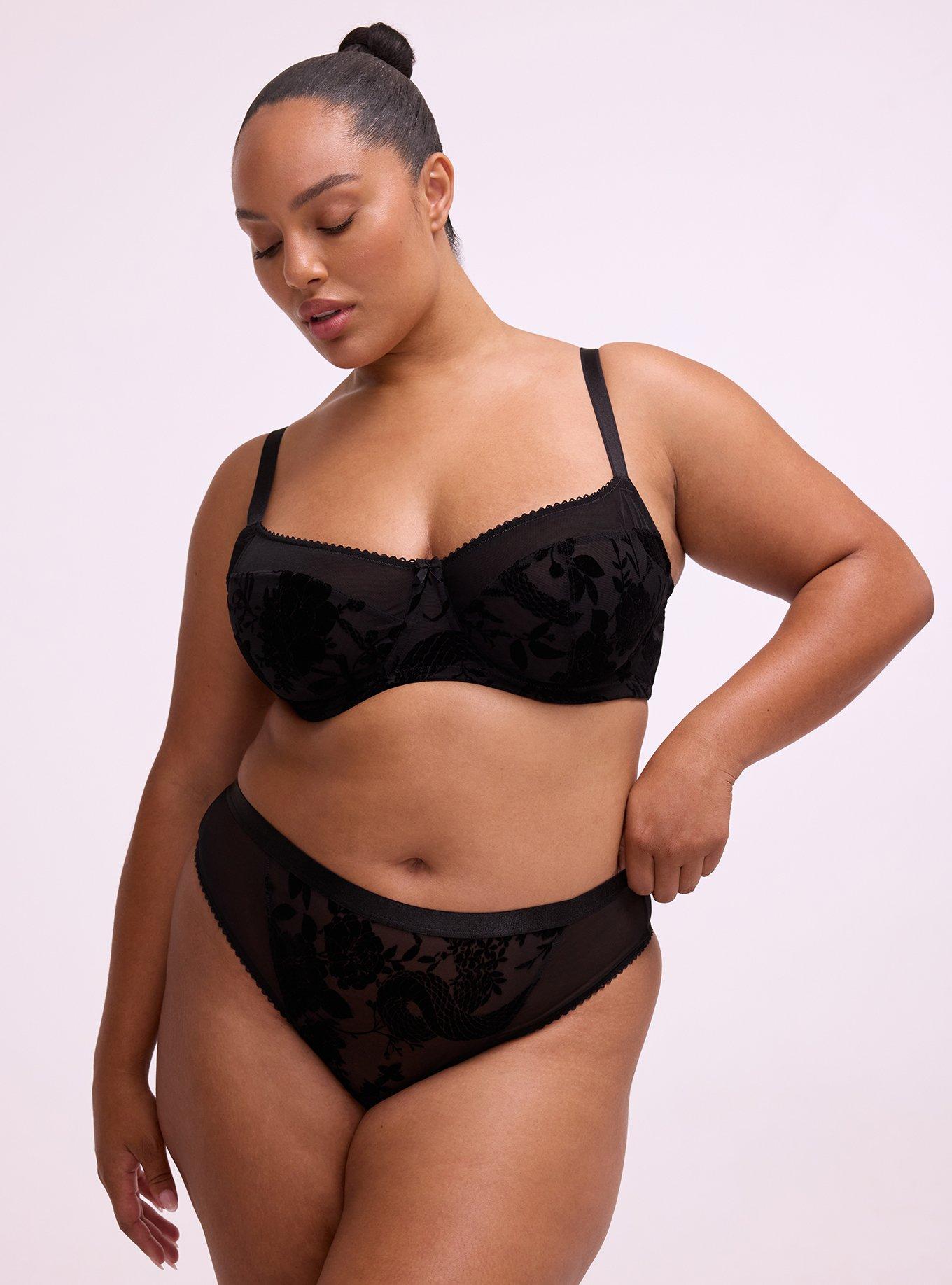 Plus Size Flocked Mesh Mid-Waist Wide Side Thong, SNAKE FLORAL BLACK, hi-res
