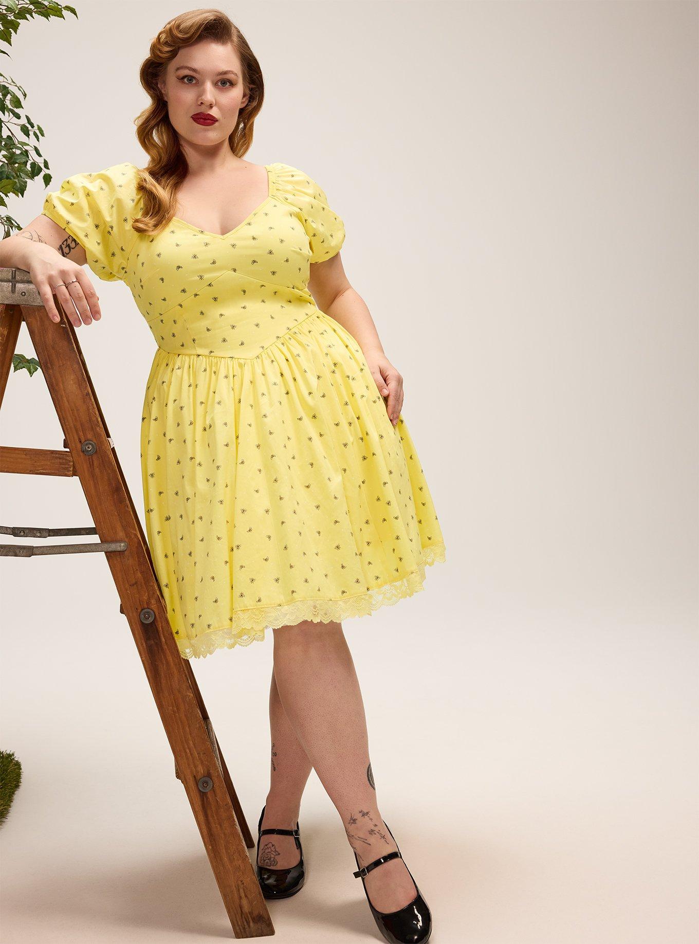 Retro Chic Puff Sleeve Mini Dress, BUSY BEES YELLOW, hi-res