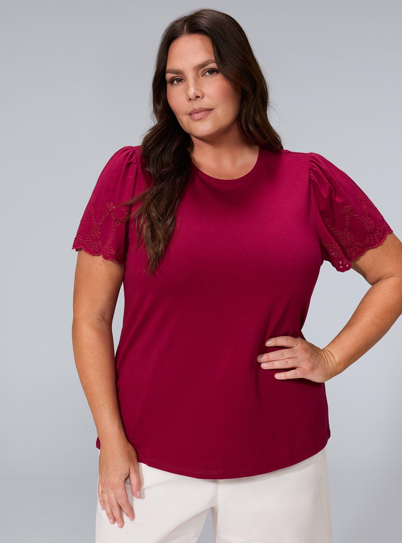 Belle Isle Eyelet Short Sleeve Top, BEET RED, hi-res