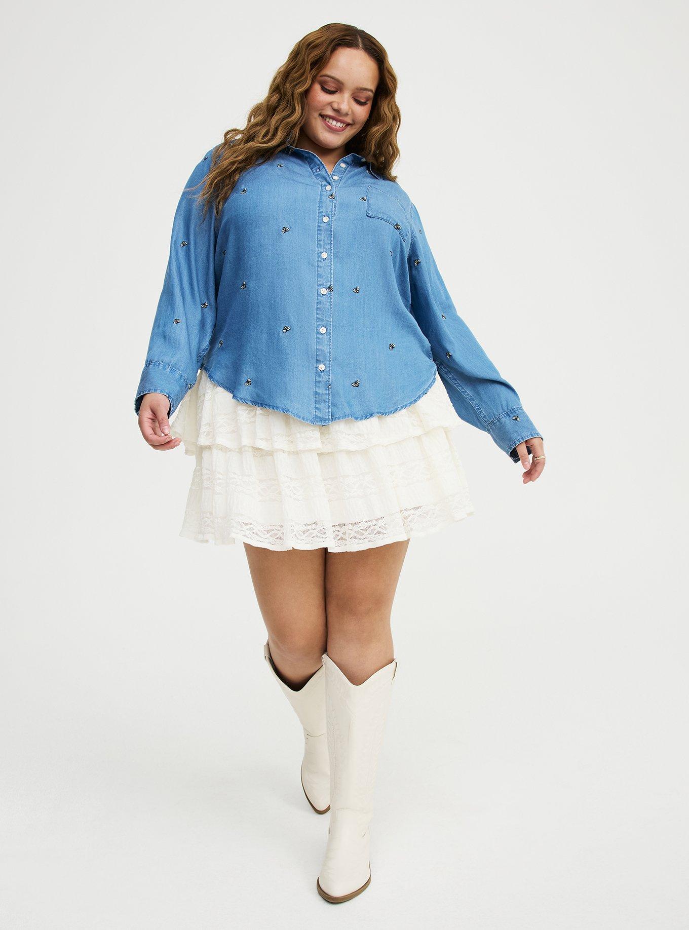 Lizzie Embroidered Bees Button-Up Shirt, MEDIUM WASH, alternate