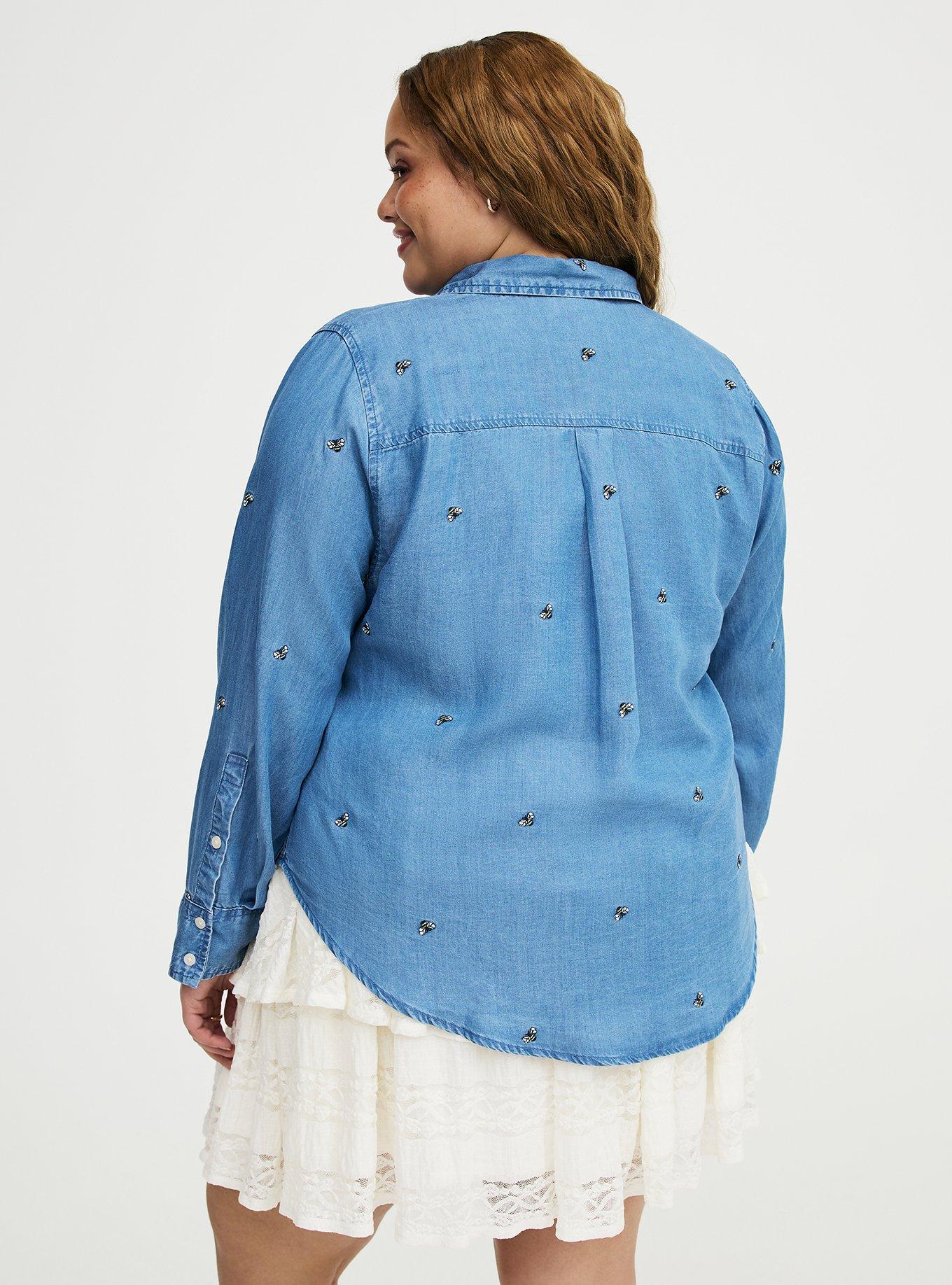 Lizzie Embroidered Bees Button-Up Shirt, MEDIUM WASH, alternate