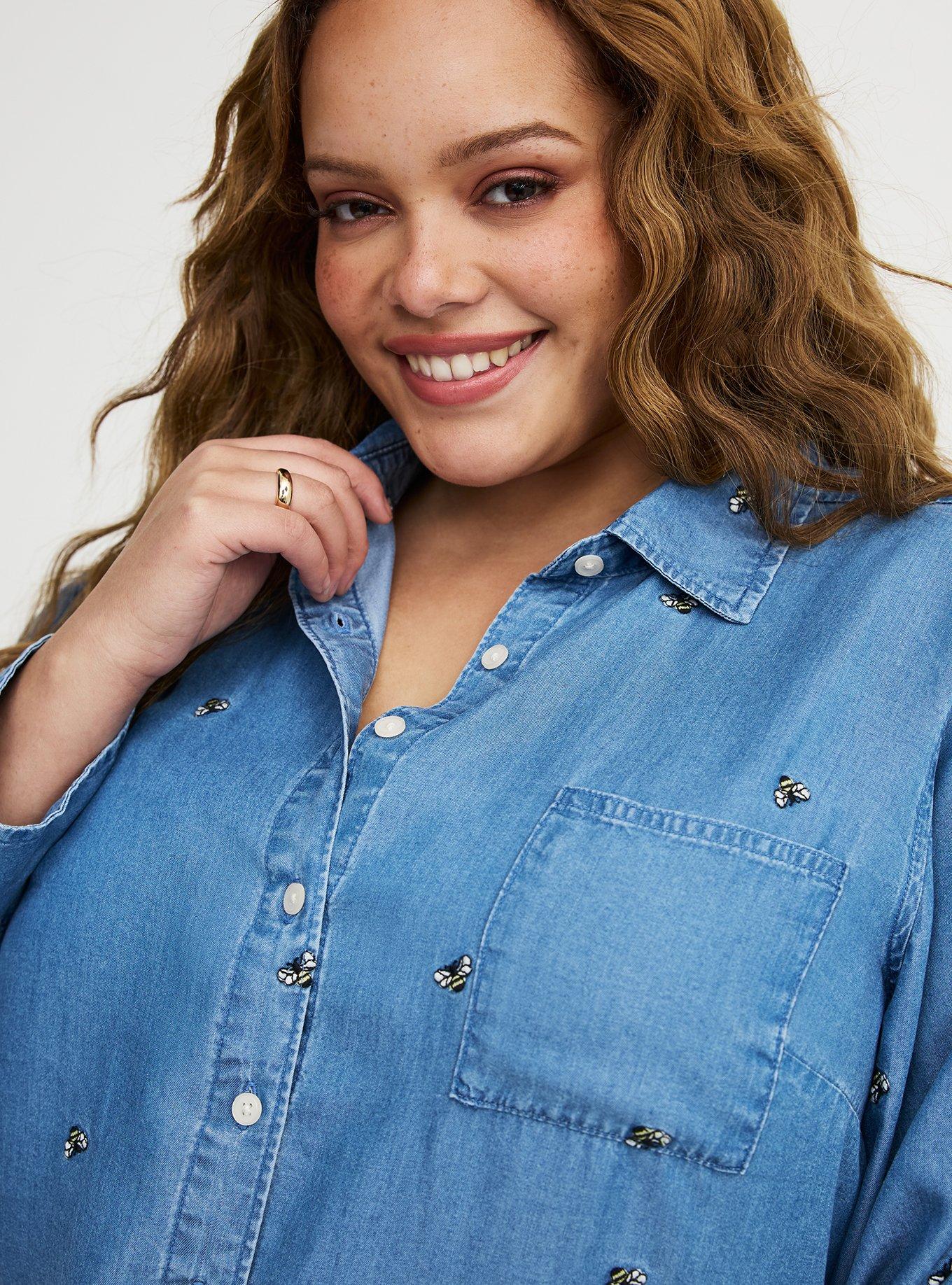 Lizzie Embroidered Bees Button-Up Shirt, MEDIUM WASH, alternate