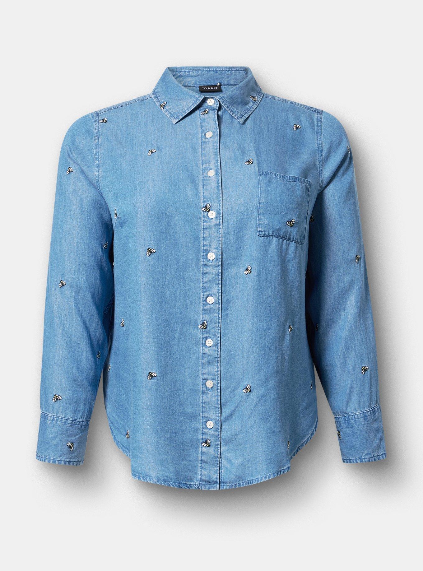 Lizzie Embroidered Bees Button-Up Shirt, MEDIUM WASH, hi-res