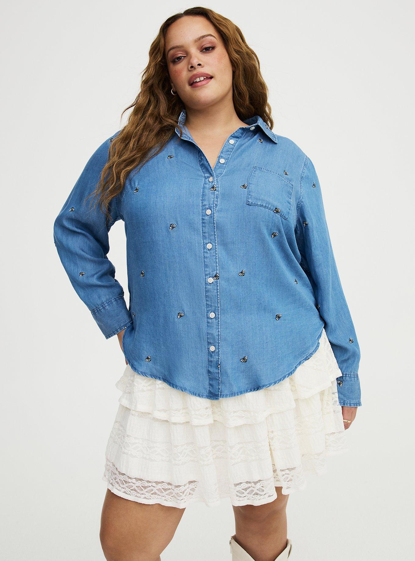 Lizzie Embroidered Bees Button-Up Shirt, MEDIUM WASH, hi-res