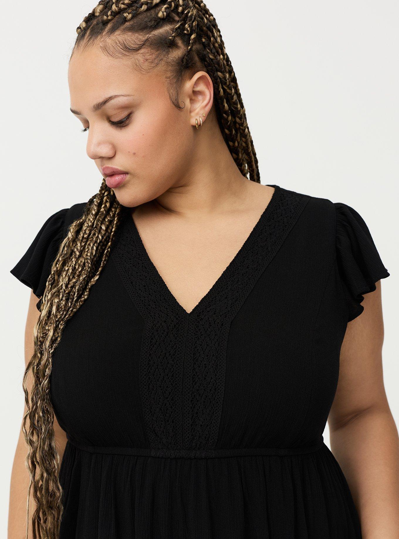 Lace Trim Midi Dress, DEEP BLACK, alternate