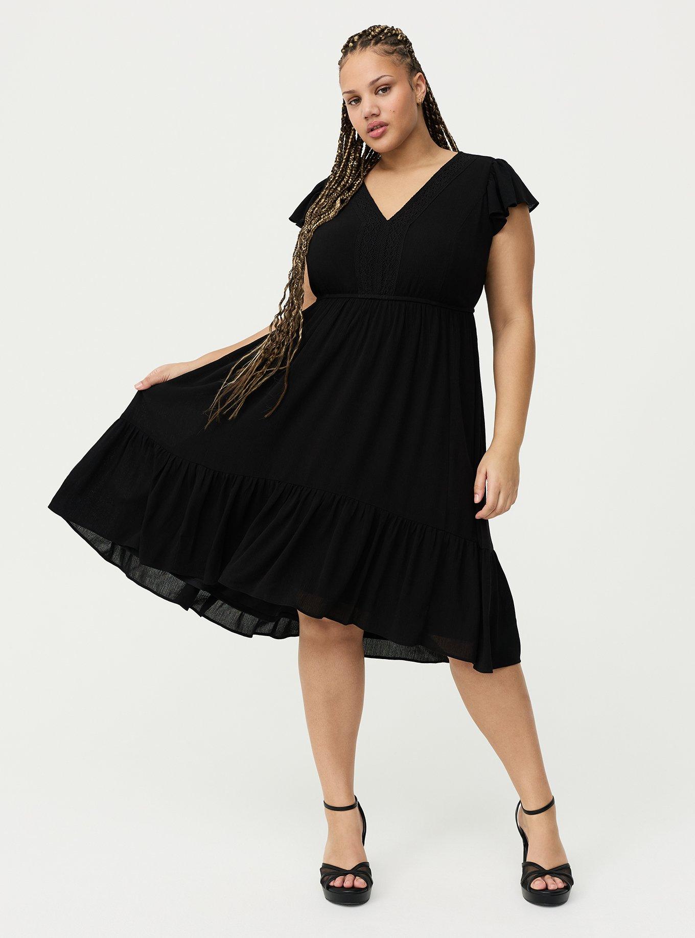 Lace Trim Midi Dress, DEEP BLACK, hi-res