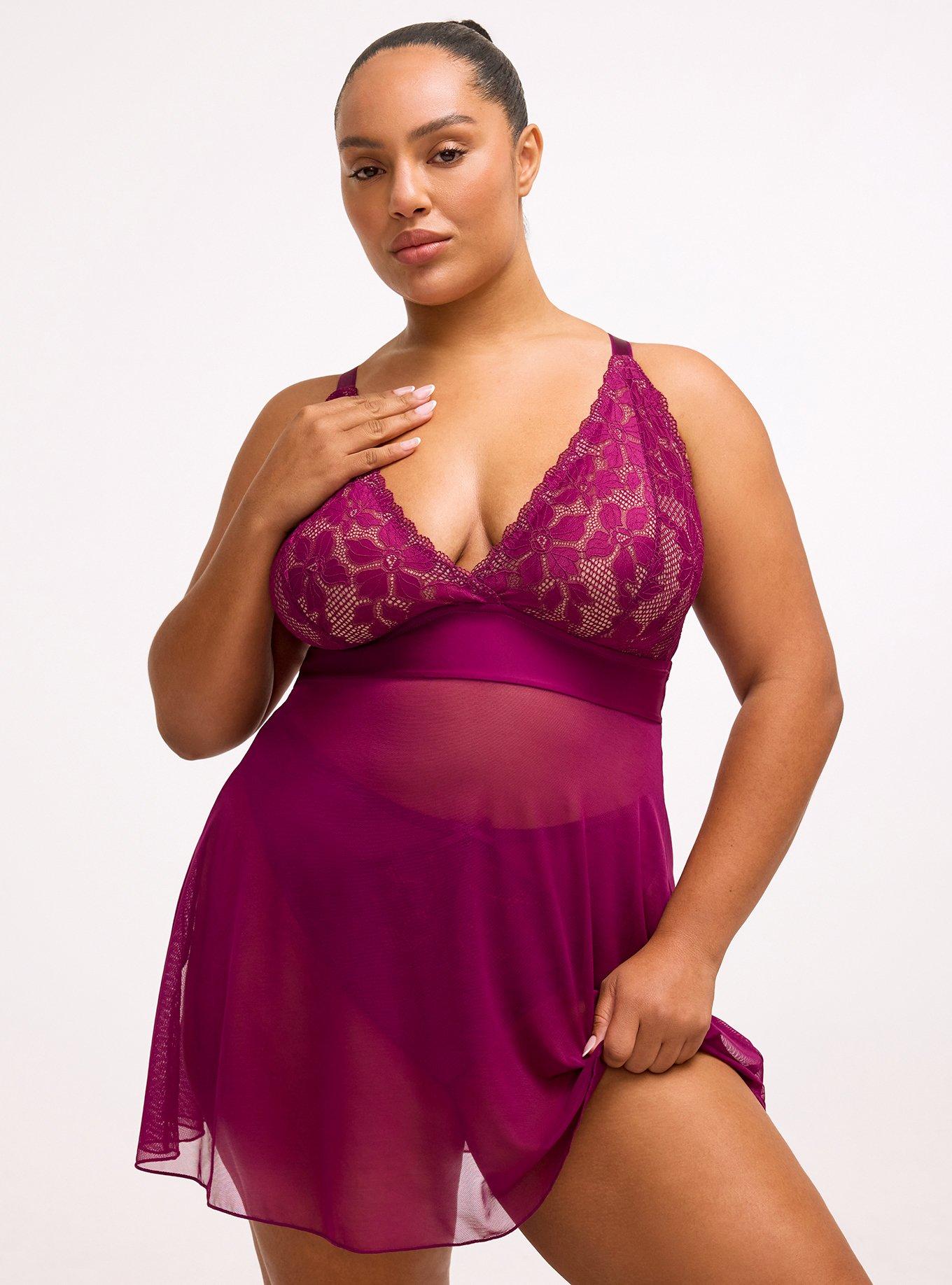 Plus Size Ava Lace Wire-Free Babydoll, PLUM CASPIA, hi-res