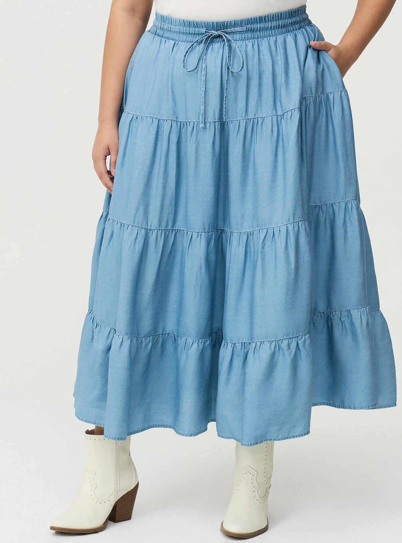 Tiered Chambray Maxi Skirt, MEDIUM WASH, alternate
