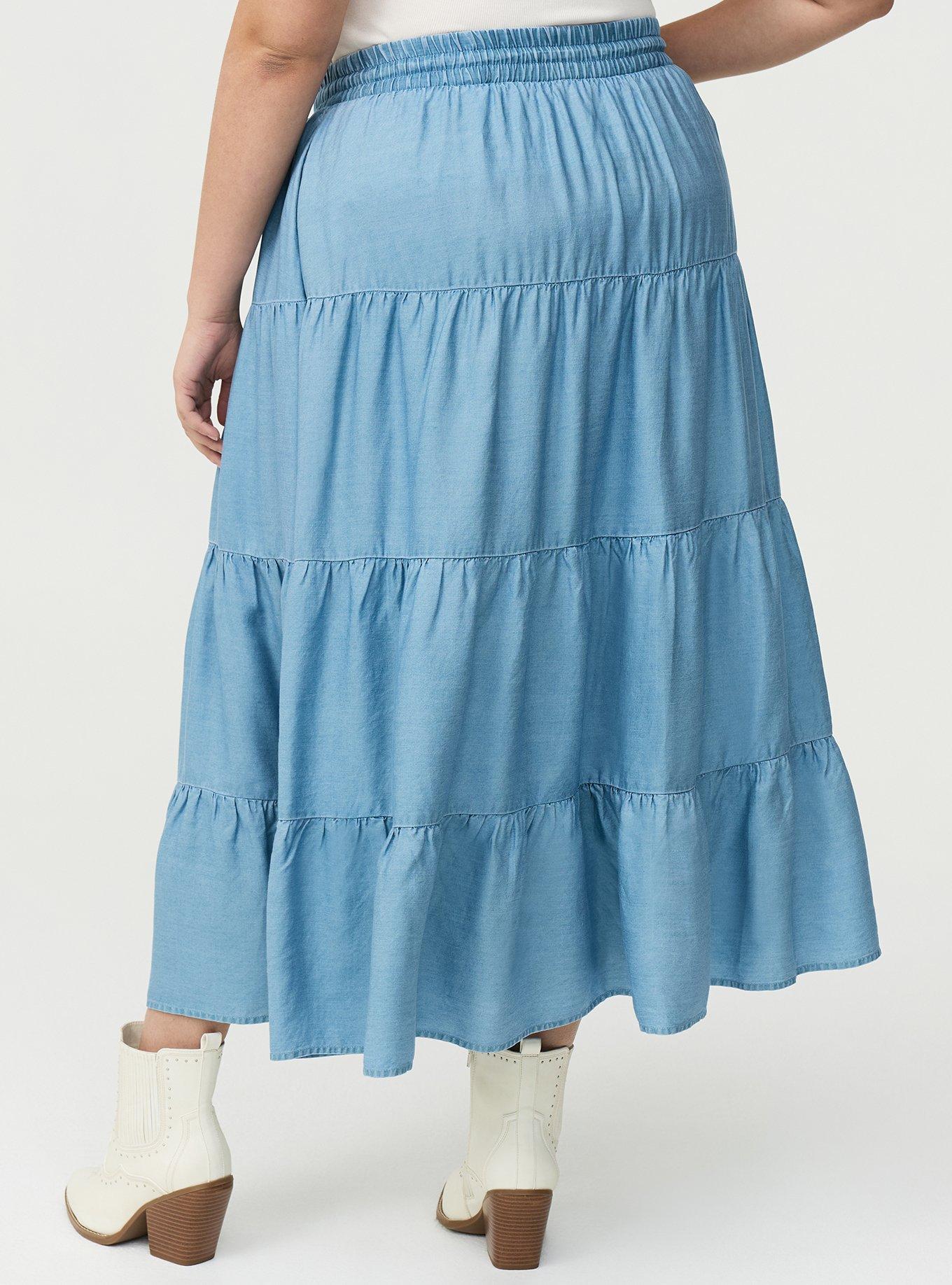 Tiered Chambray Maxi Skirt, MEDIUM WASH, alternate