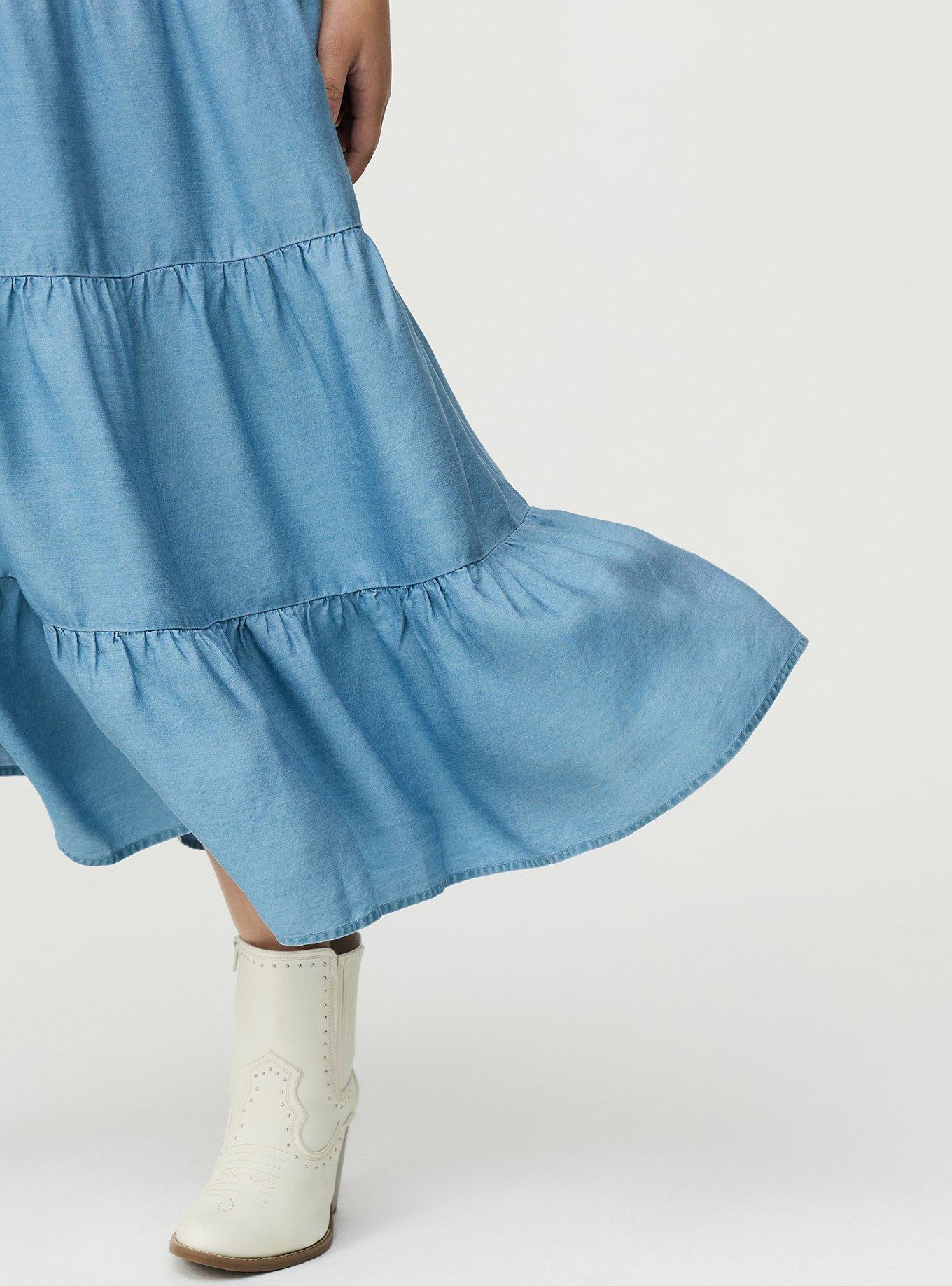 Tiered Chambray Maxi Skirt, MEDIUM WASH, alternate