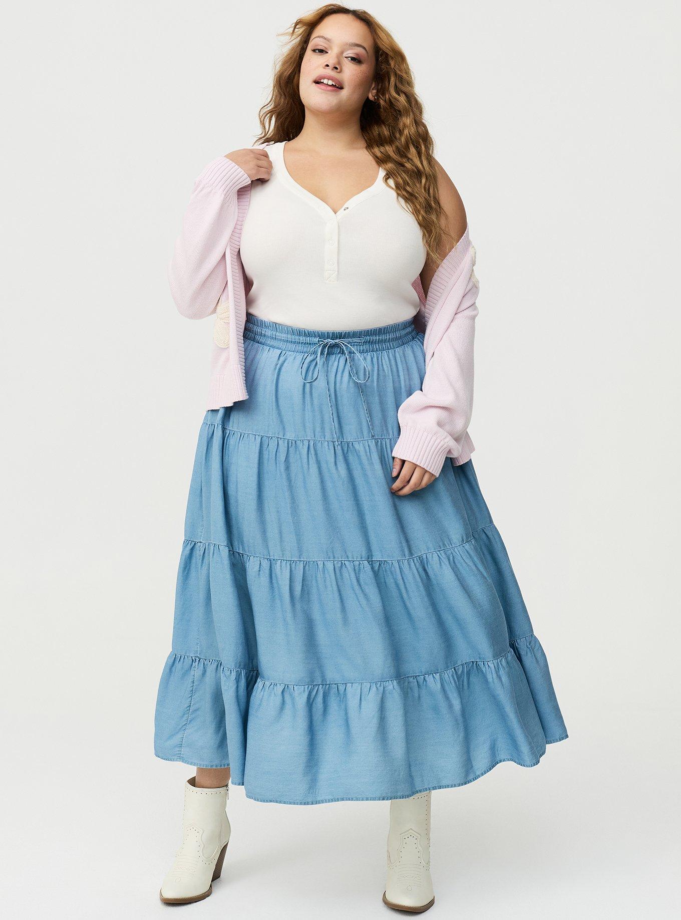 plus size denim dresses skirts - Tiered Chambray Maxi Skirt Kawaii Sexy Black Backless Size Code | OS Evening gowns Plus Size Peek A Color:Camellia Jacquard Alice Blue