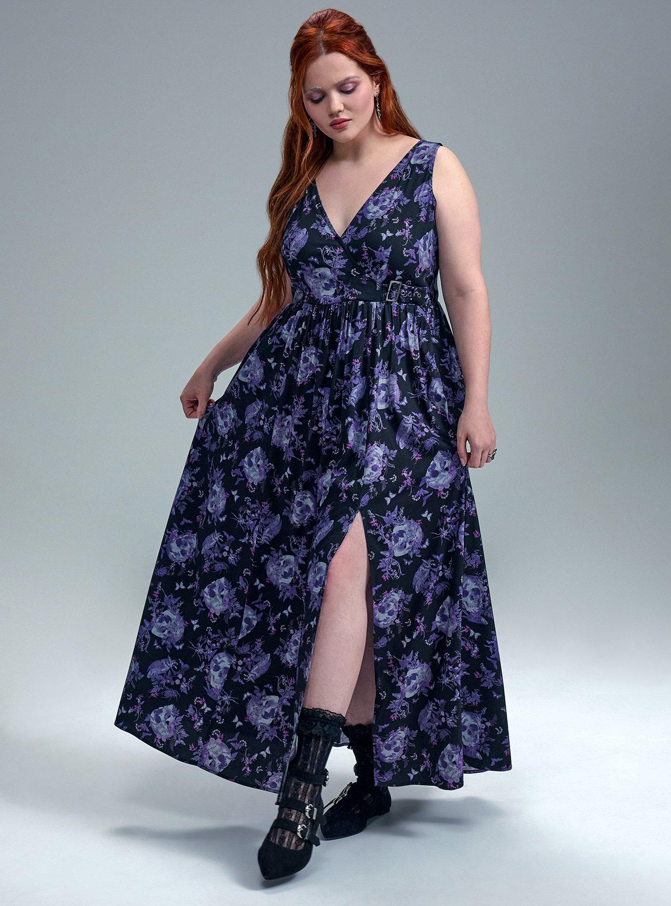 Nightfall Buckle Wrap Maxi Dress, GOTHIC GARDEN SKULL FLORAL BLACK, hi-res