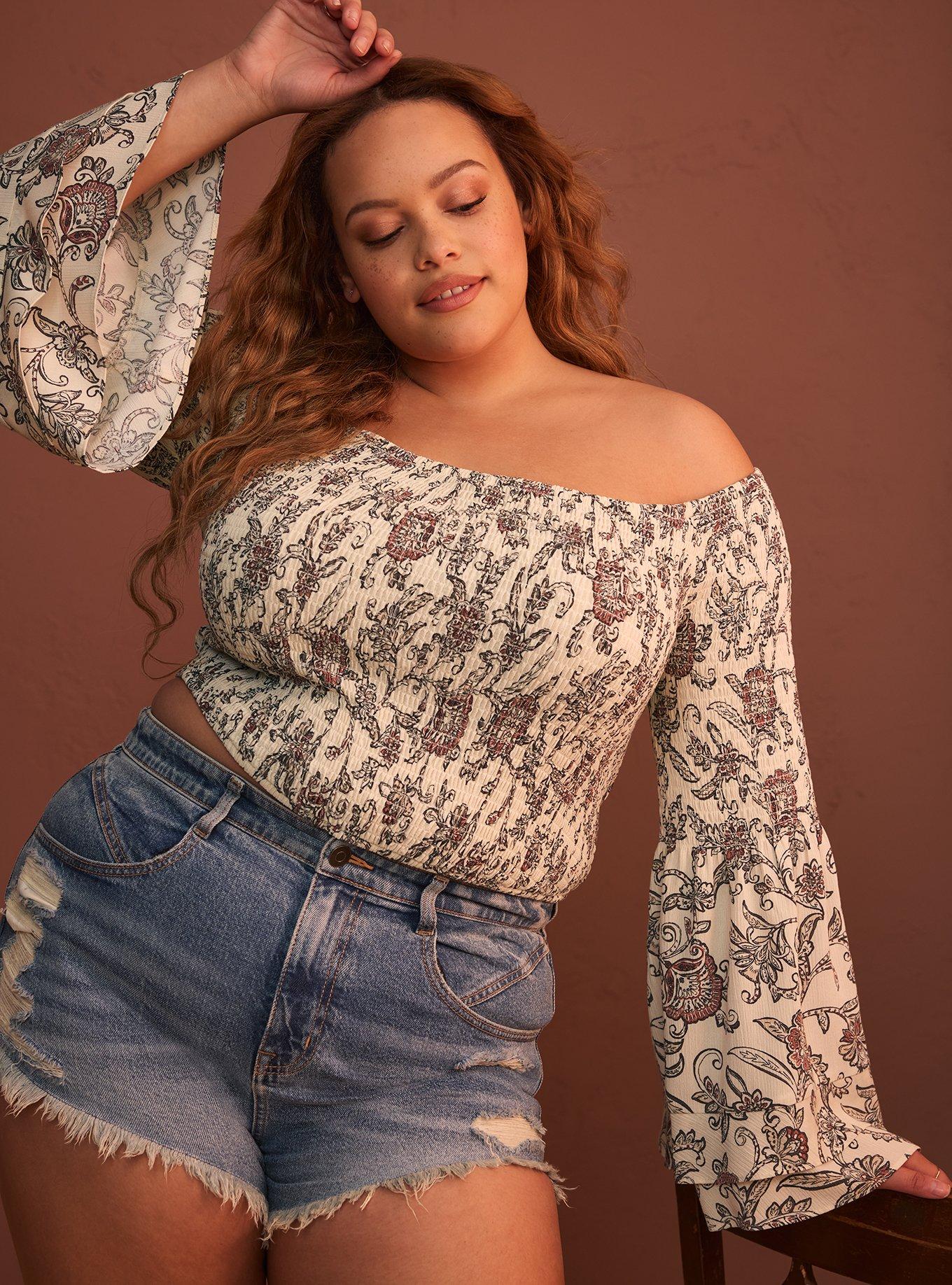 Plus Size Festi Off-Shoulder Smocked Crop Top, CONCERT JACOBEAN IVORY, hi-res