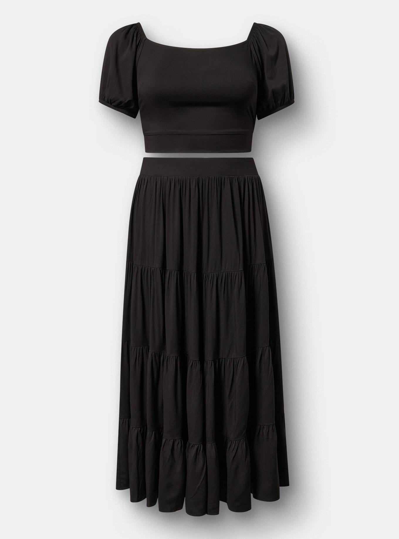 Puff Sleeve Maxi Skirt Set, DEEP BLACK, hi-res