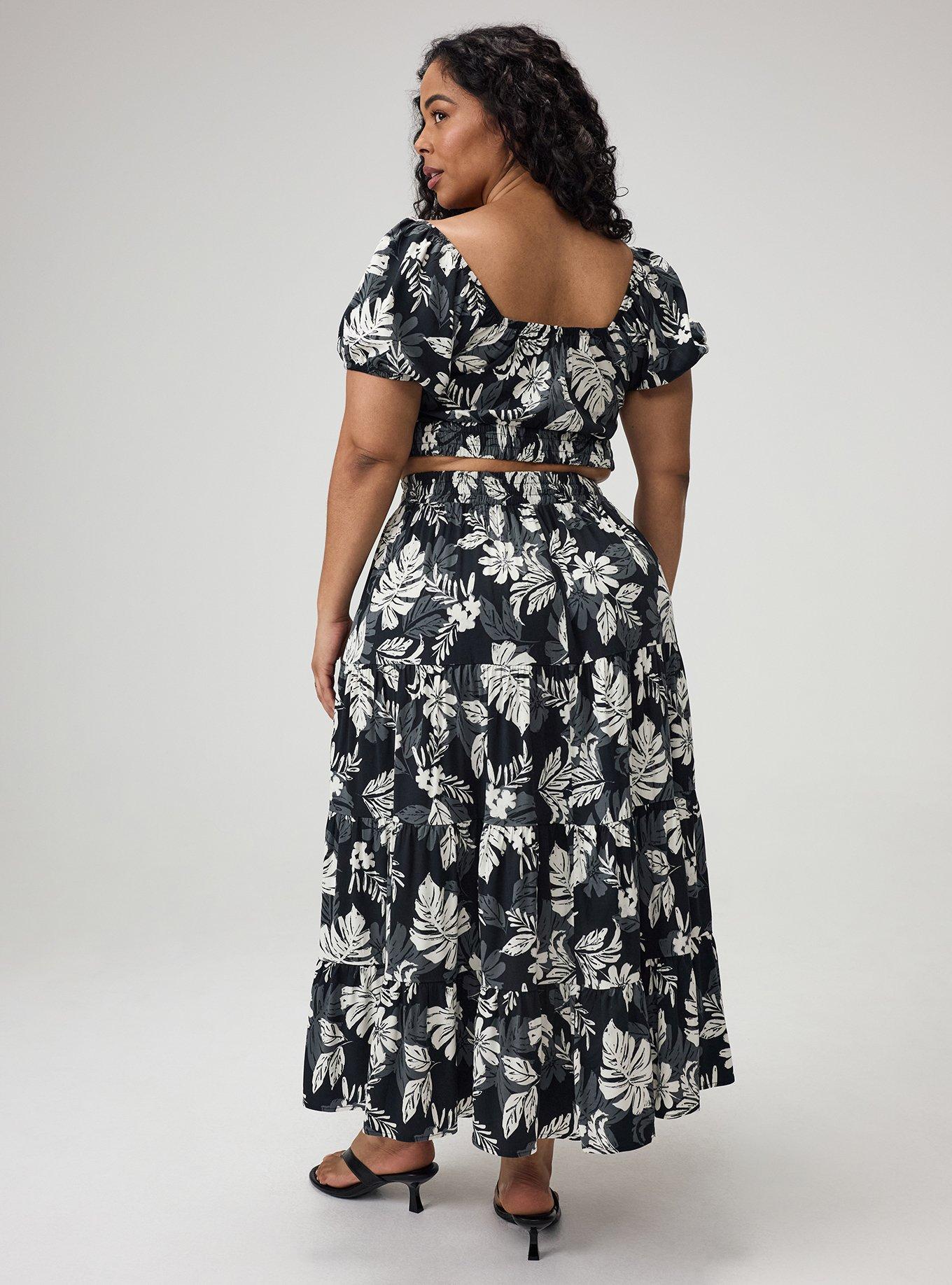 Puff Sleeve Maxi Skirt Set, PAINTED TROPICAL BLACK, alternate