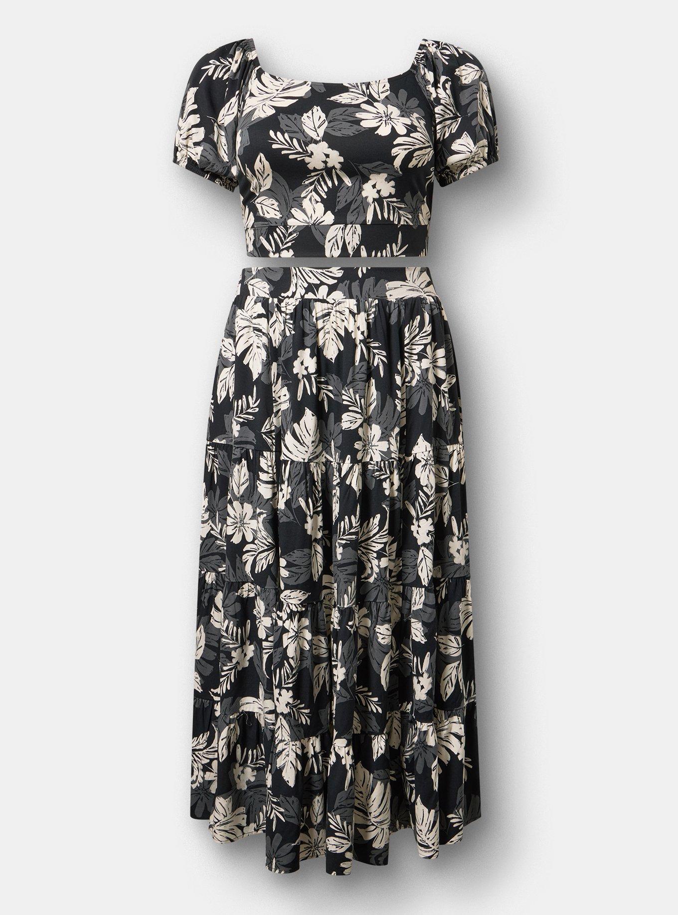 Puff Sleeve Maxi Skirt Set, PAINTED TROPICAL BLACK, flat