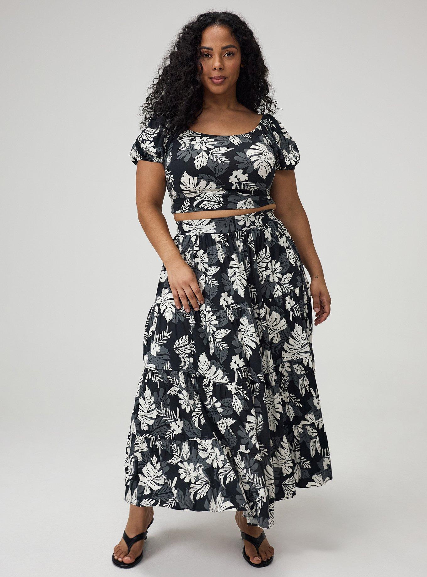 Puff Sleeve Maxi Skirt Set, PAINTED TROPICAL BLACK, hi-res