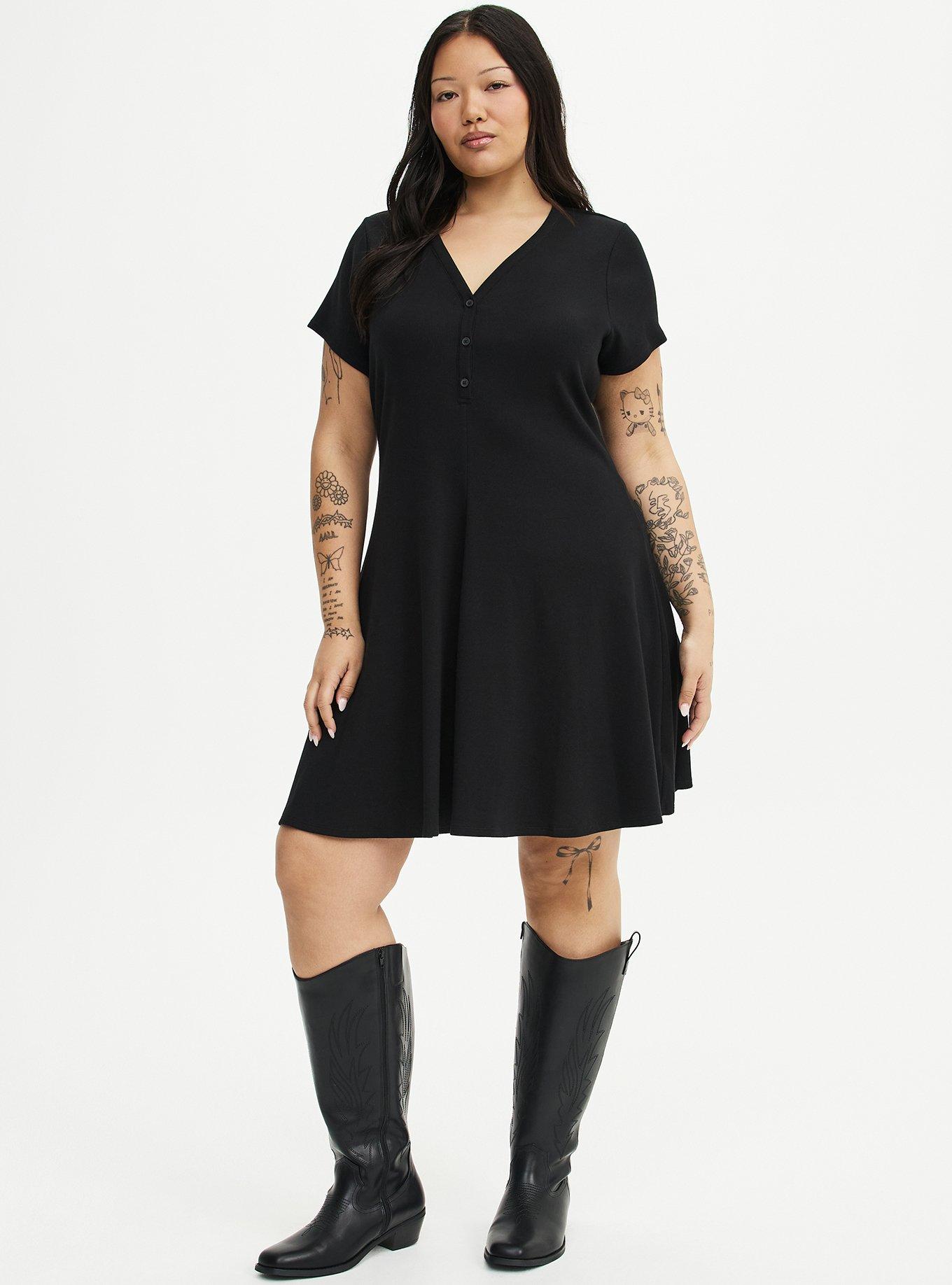 Ribbed Henley Mini Dress, DEEP BLACK, hi-res