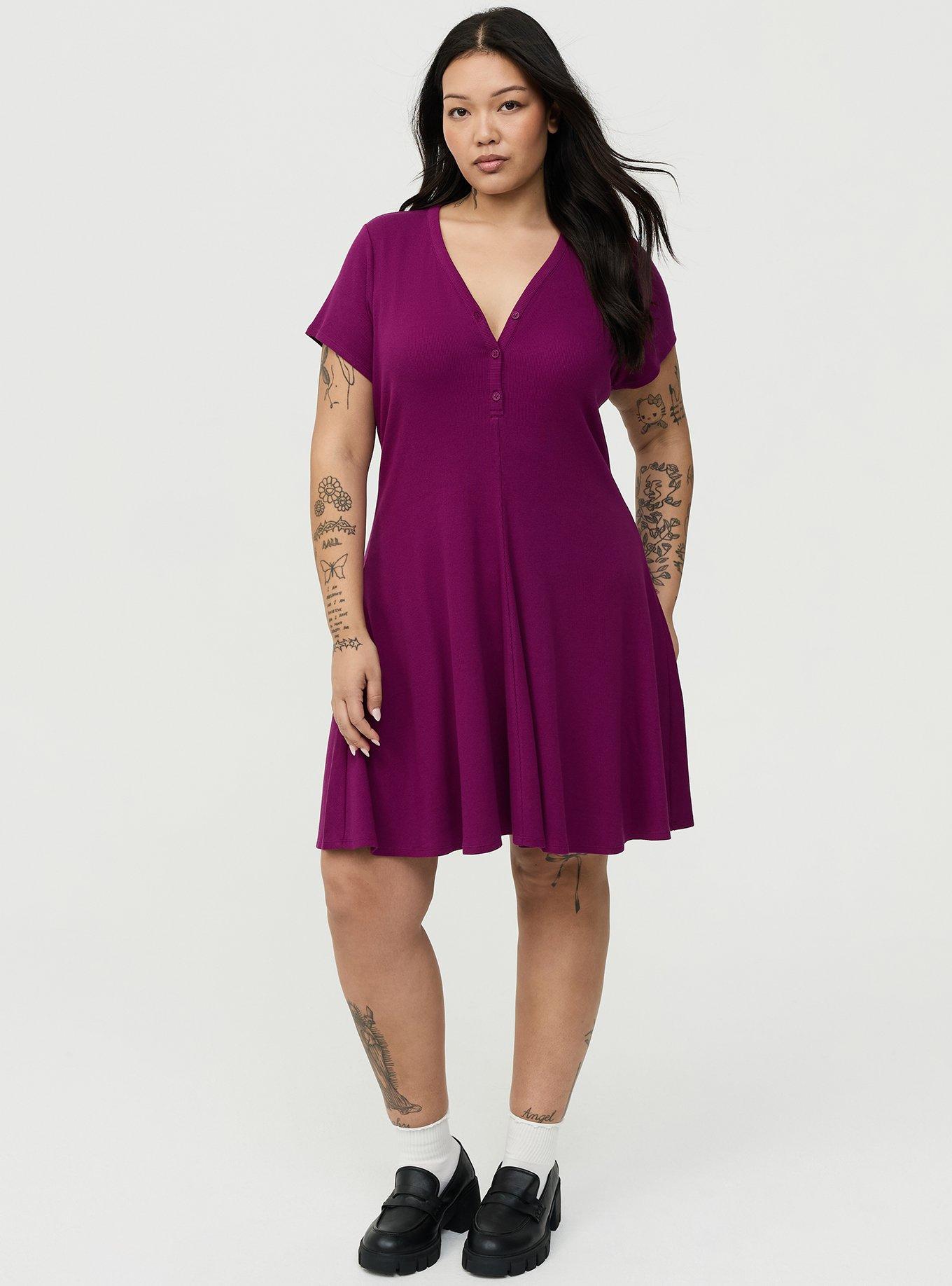 Ribbed Henley Mini Dress, PLUM CASPIA, hi-res
