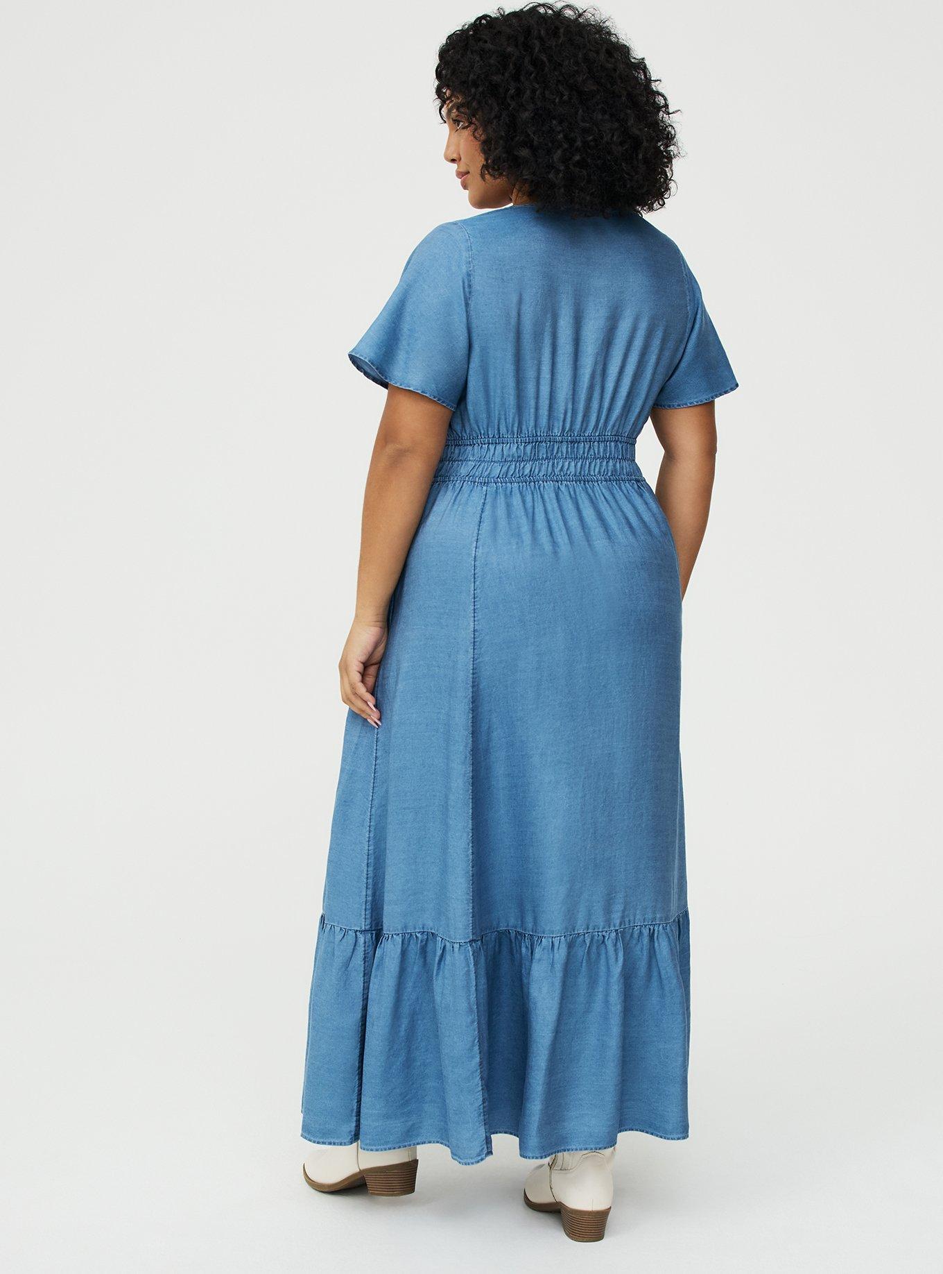 Y-Neck Chambray Maxi Dress, MEDIUM WASH, alternate