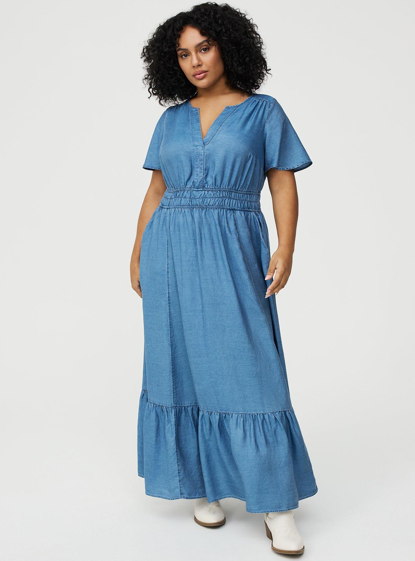 Y-Neck Chambray Maxi Dress, MEDIUM WASH, hi-res