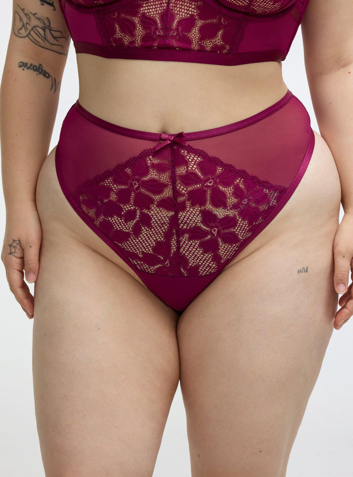 Plus Size Ava Lace & Mesh Mid-Rise Thong Panty, PLUM CASPIA, alternate