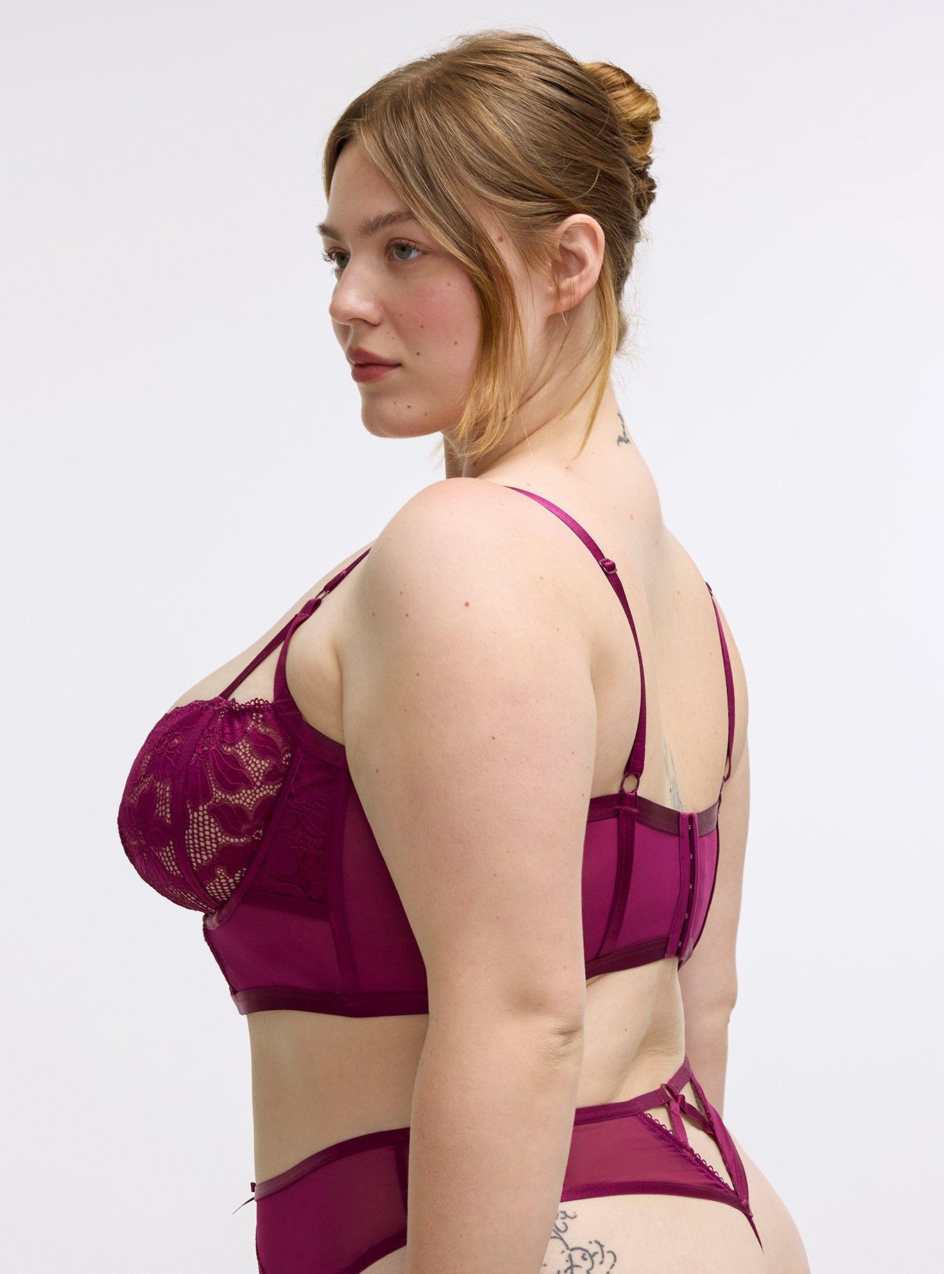 Plus Size Ava Lace & Mesh Mid-Rise Thong Panty, PLUM CASPIA, alternate