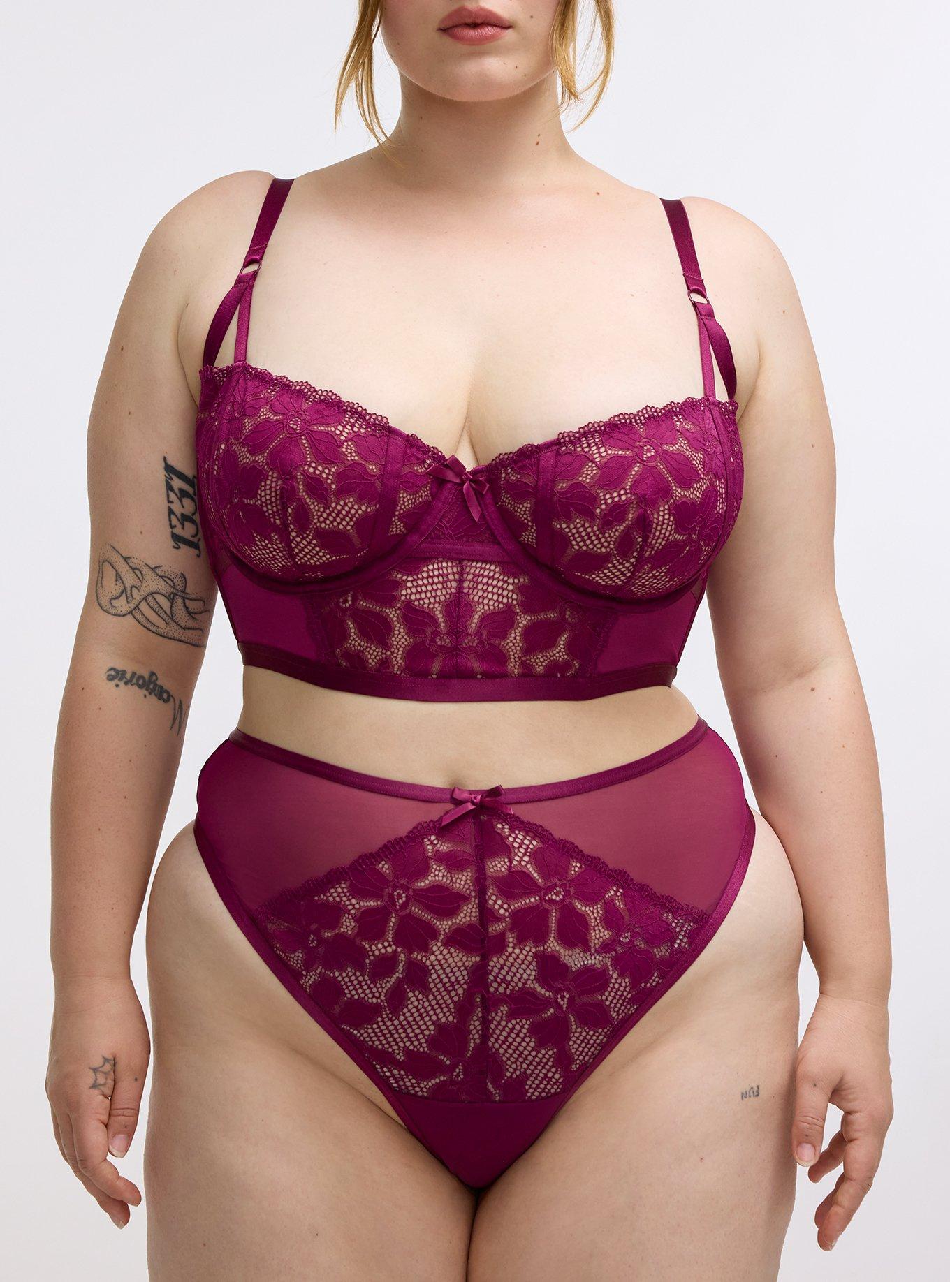Plus Size Ava Lace & Mesh Mid-Rise Thong Panty, PLUM CASPIA, alternate