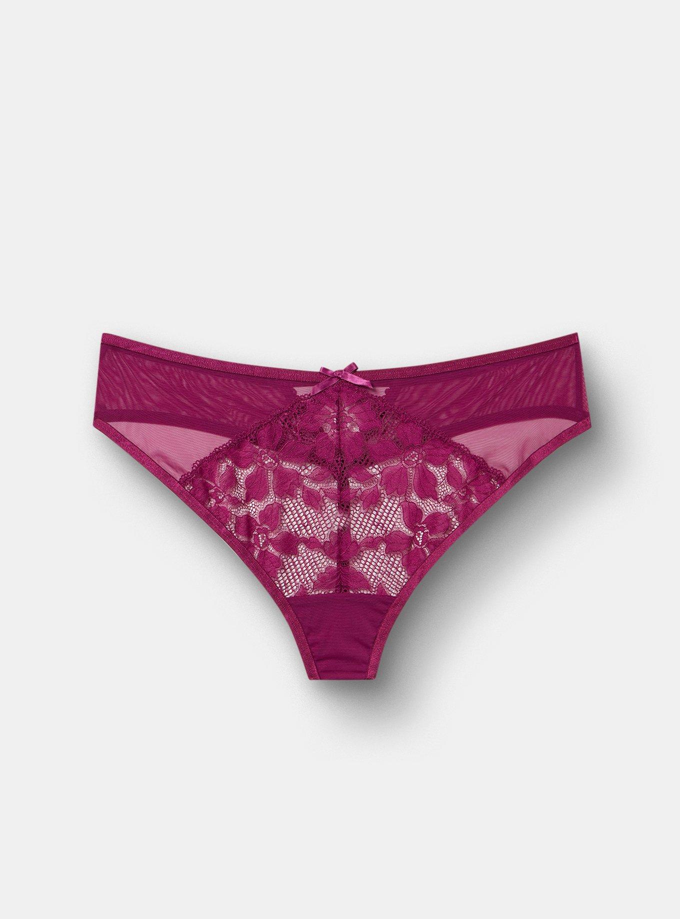 Plus Size Ava Lace & Mesh Mid-Rise Thong Panty, PLUM CASPIA, flat