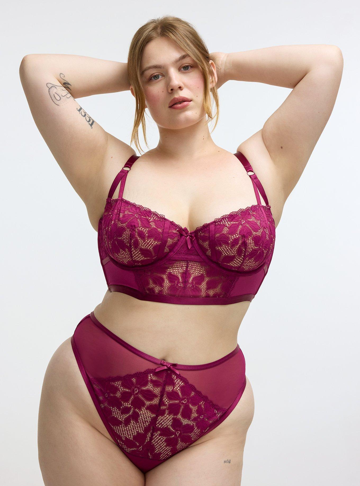 Plus Size Ava Lace & Mesh Mid-Rise Thong Panty, PLUM CASPIA, hi-res