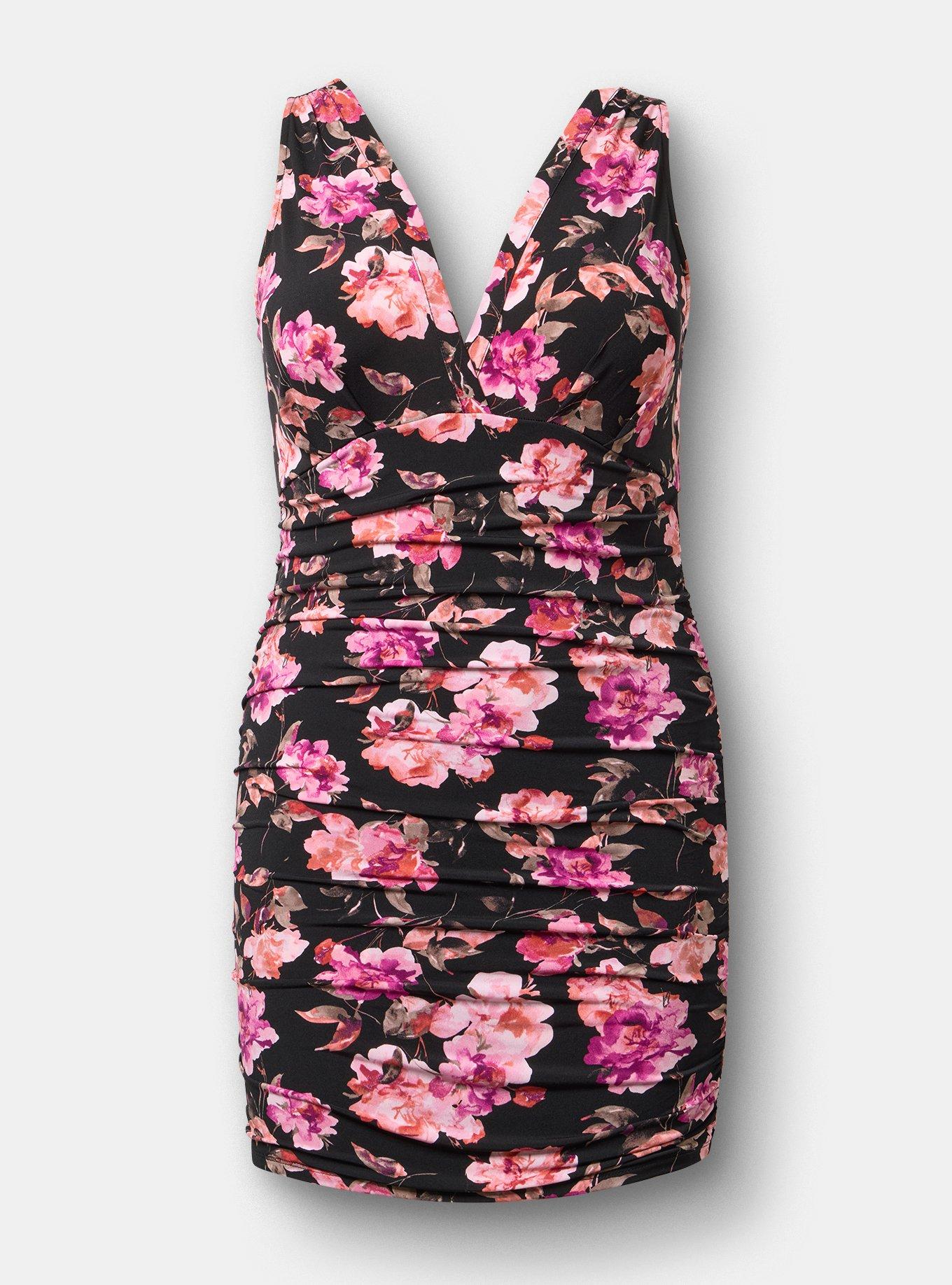 V-Neck Mini Dress, AURA FLORAL BLACK, hi-res
