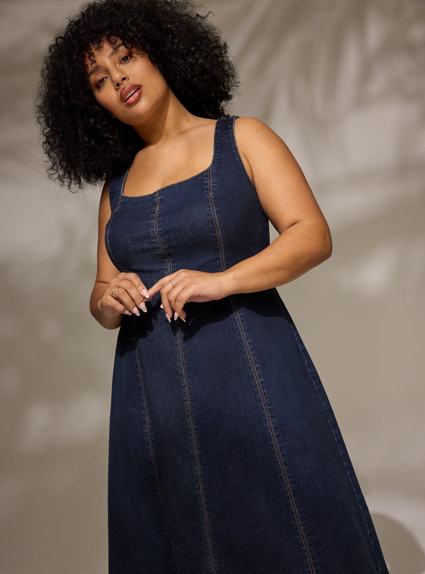 denim dress plus size empire waist Final Sale Plus Size Sleeveless Multi Layered Ruffle Chambray Dress in Denim Color main image 0
