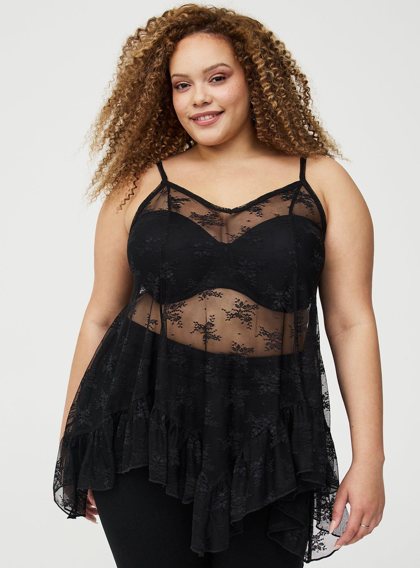 bohemseo レイヤードトラックタンクトップシズニルック ブラック Plus Size - Sheer Lace Hanky Hem Slip Top - Torrid