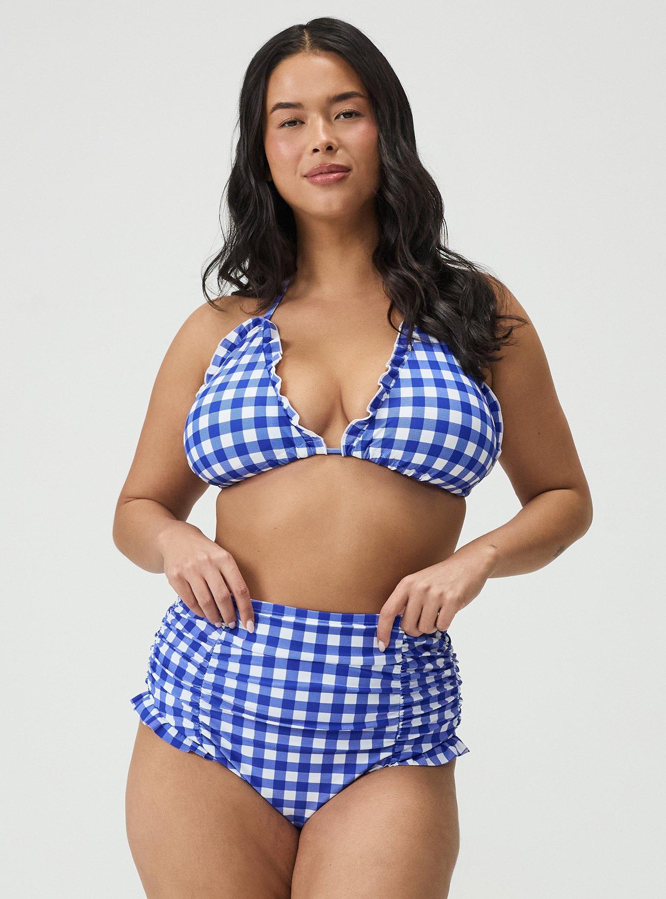 Ruffle Cheeky Swim Bottom, LOVELY GINGHAM BLUE, hi-res