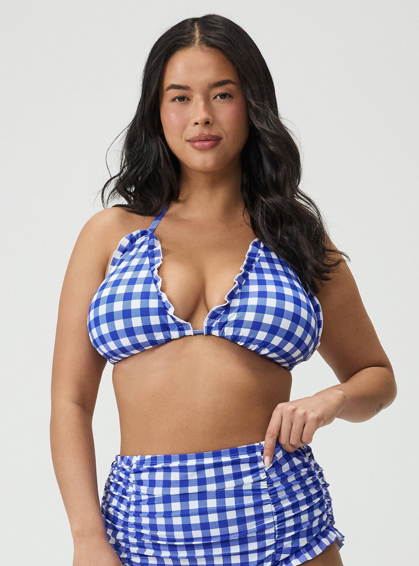 Ruffle String Bikini Top, LOVELY GINGHAM BLUE, alternate