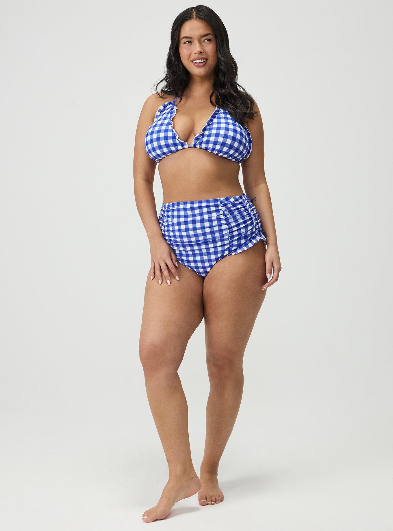 Ruffle String Bikini Top, LOVELY GINGHAM BLUE, hi-res