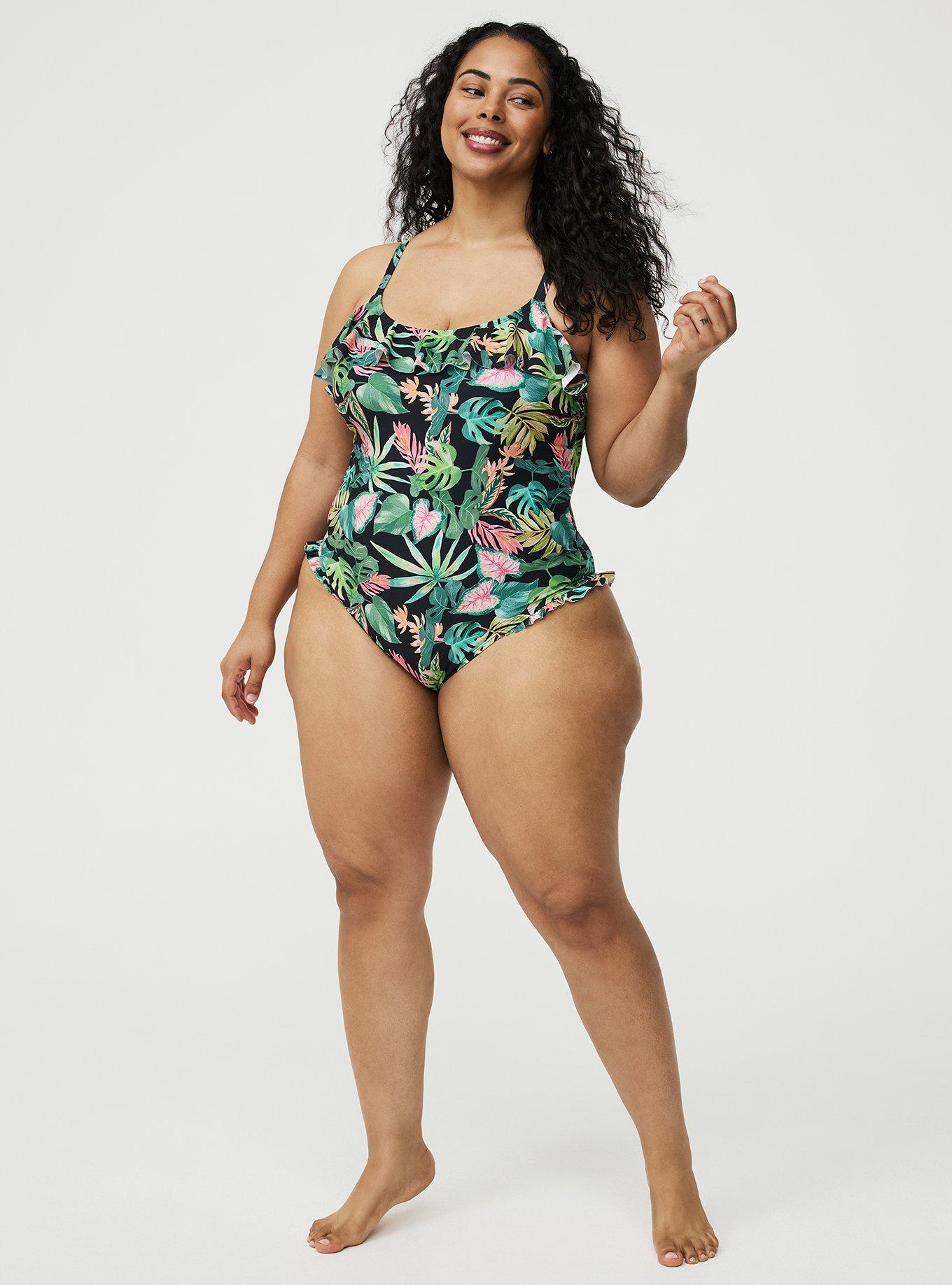 Wireless Ruffle One-Piece Swimsuit, ARIANA TROPICAL BLACK, alternate