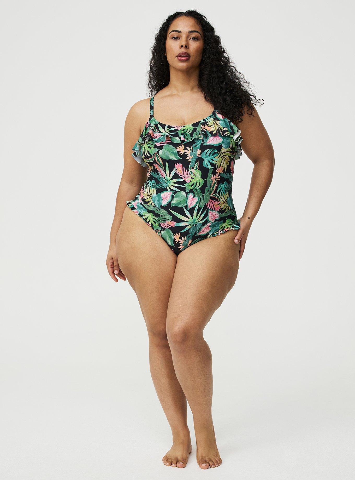 Wireless Ruffle One-Piece Swimsuit, ARIANA TROPICAL BLACK, hi-res