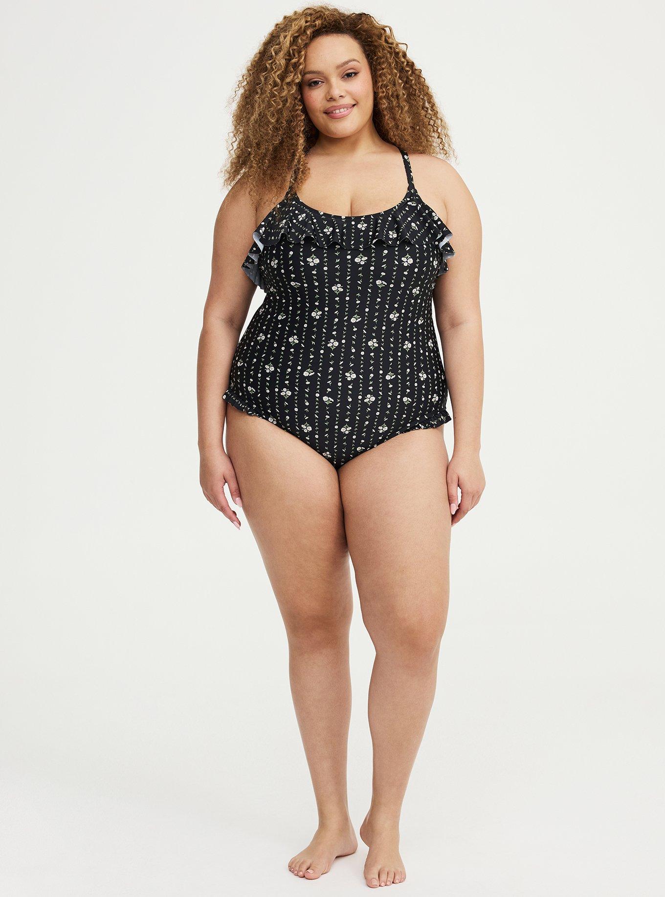 Wireless Ruffle One-Piece Swimsuit, DAISY CHAINS BLACK, alternate