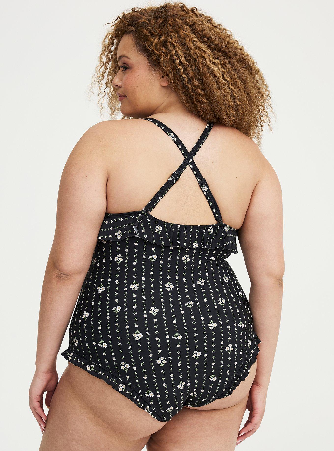 Wireless Ruffle One-Piece Swimsuit, DAISY CHAINS BLACK, alternate