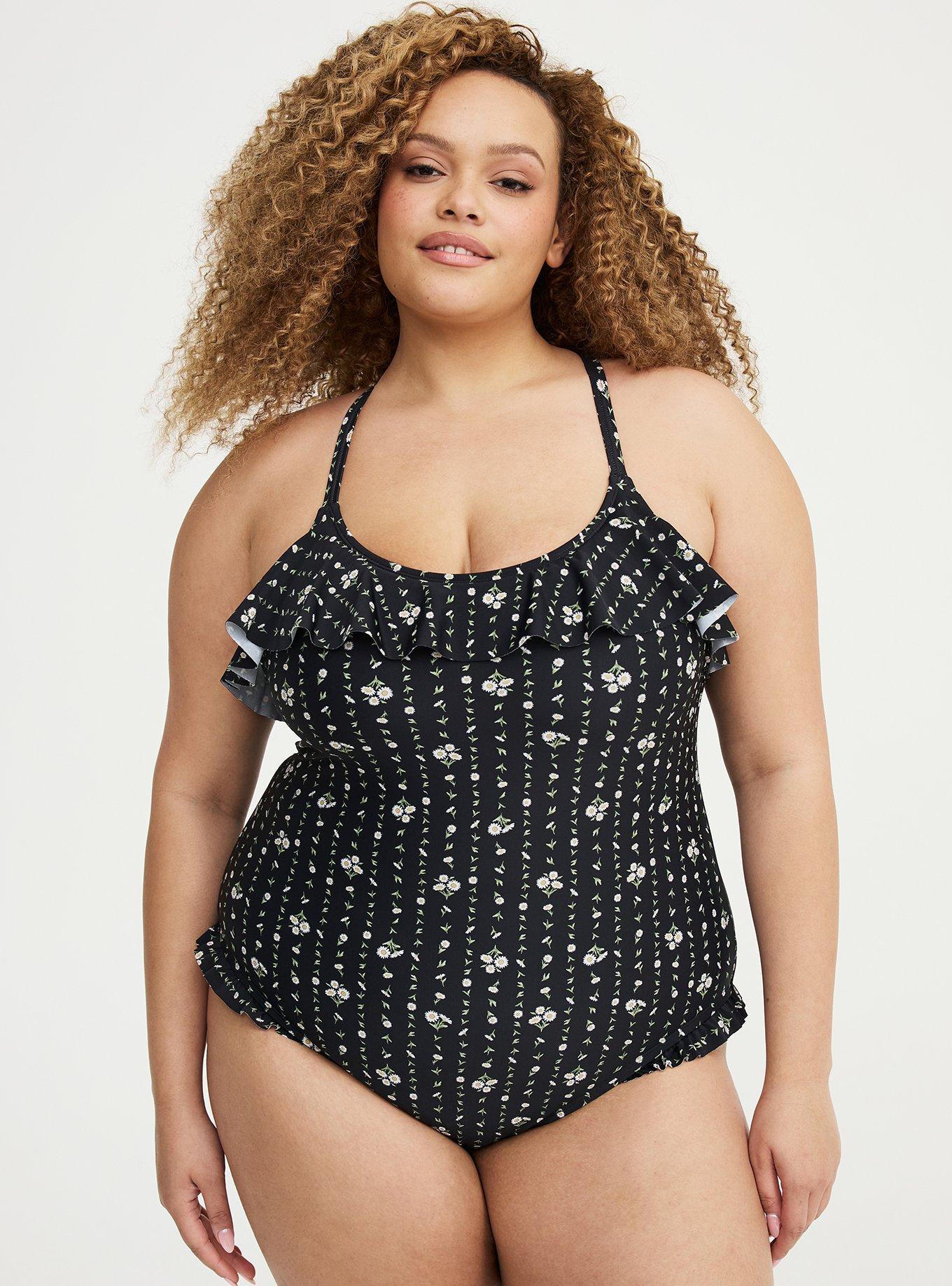 Wireless Ruffle One-Piece Swimsuit, DAISY CHAINS BLACK, hi-res
