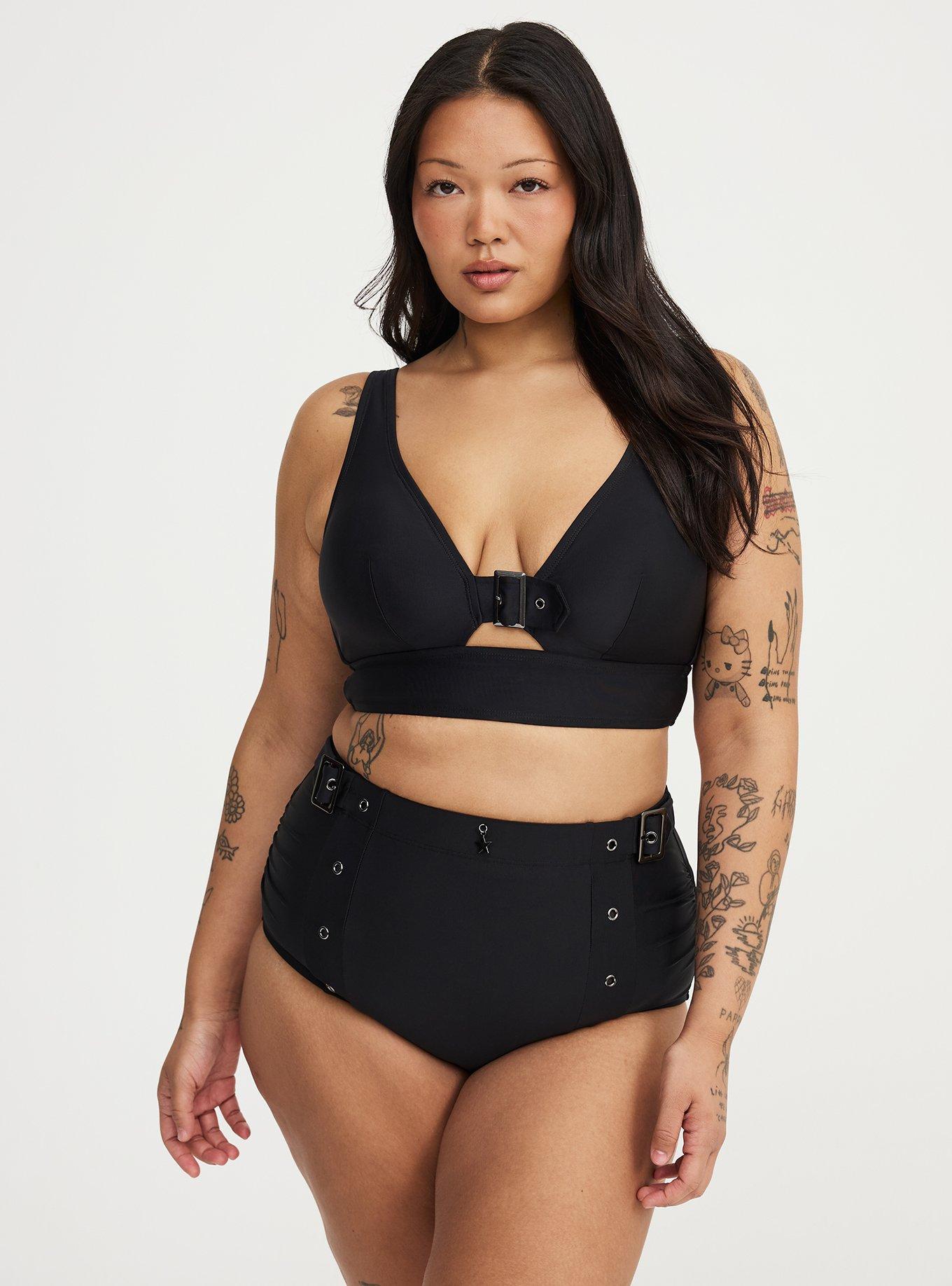 Nightfall Zip-Front Buckle Bikini Top, DEEP BLACK, alternate