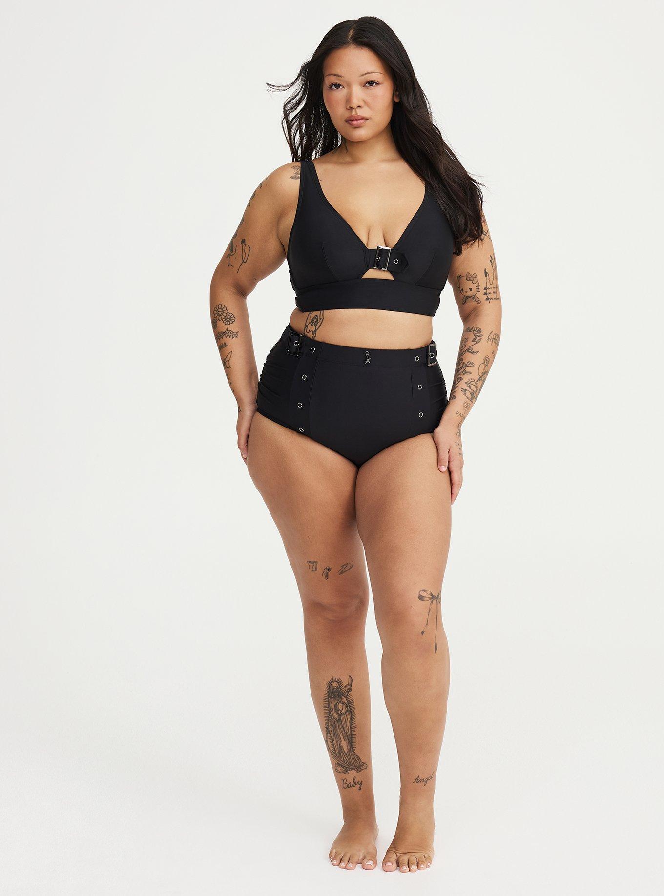 Nightfall Zip-Front Buckle Bikini Top, DEEP BLACK, alternate