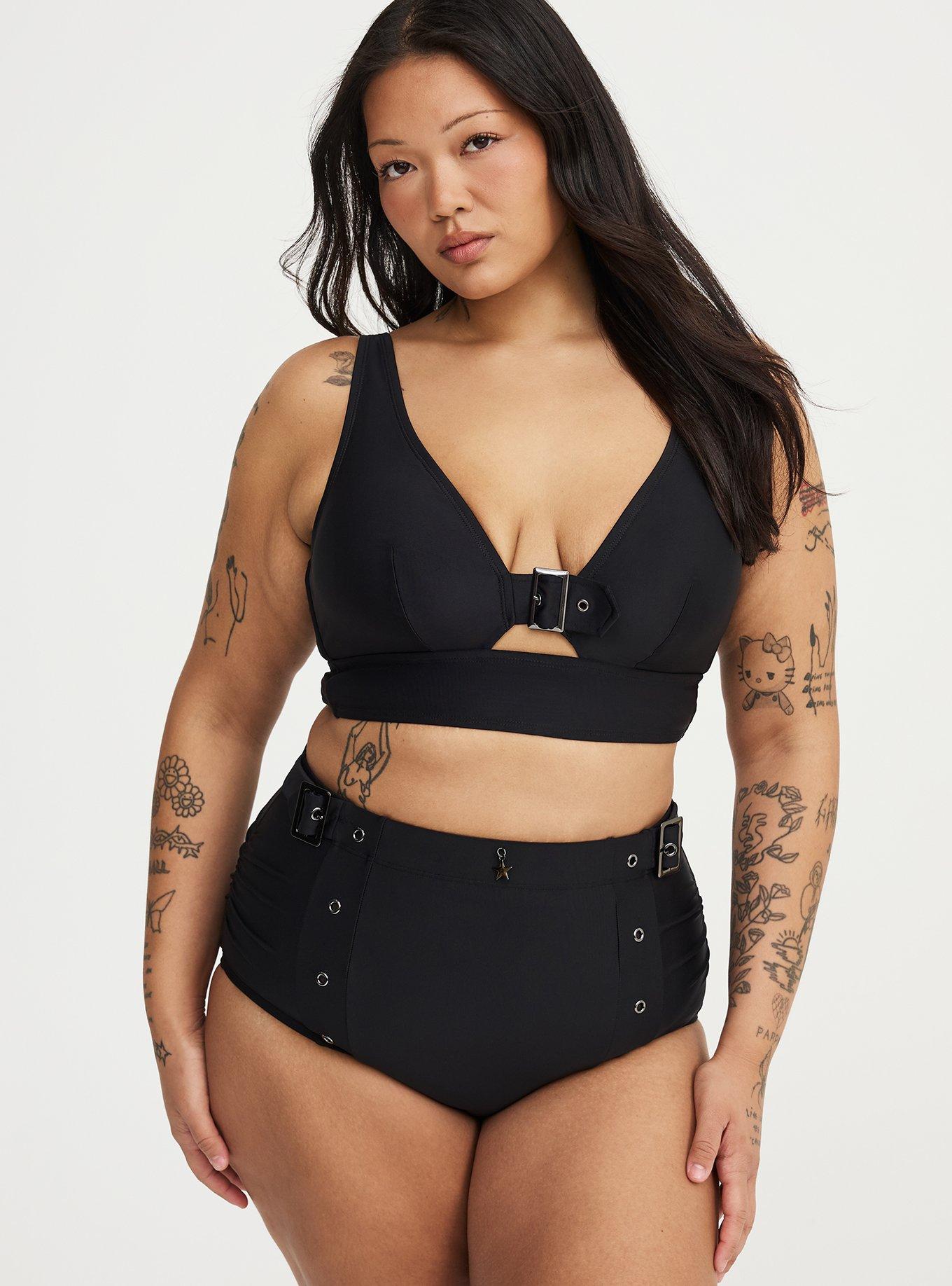 Nightfall Zip-Front Buckle Bikini Top, DEEP BLACK, alternate