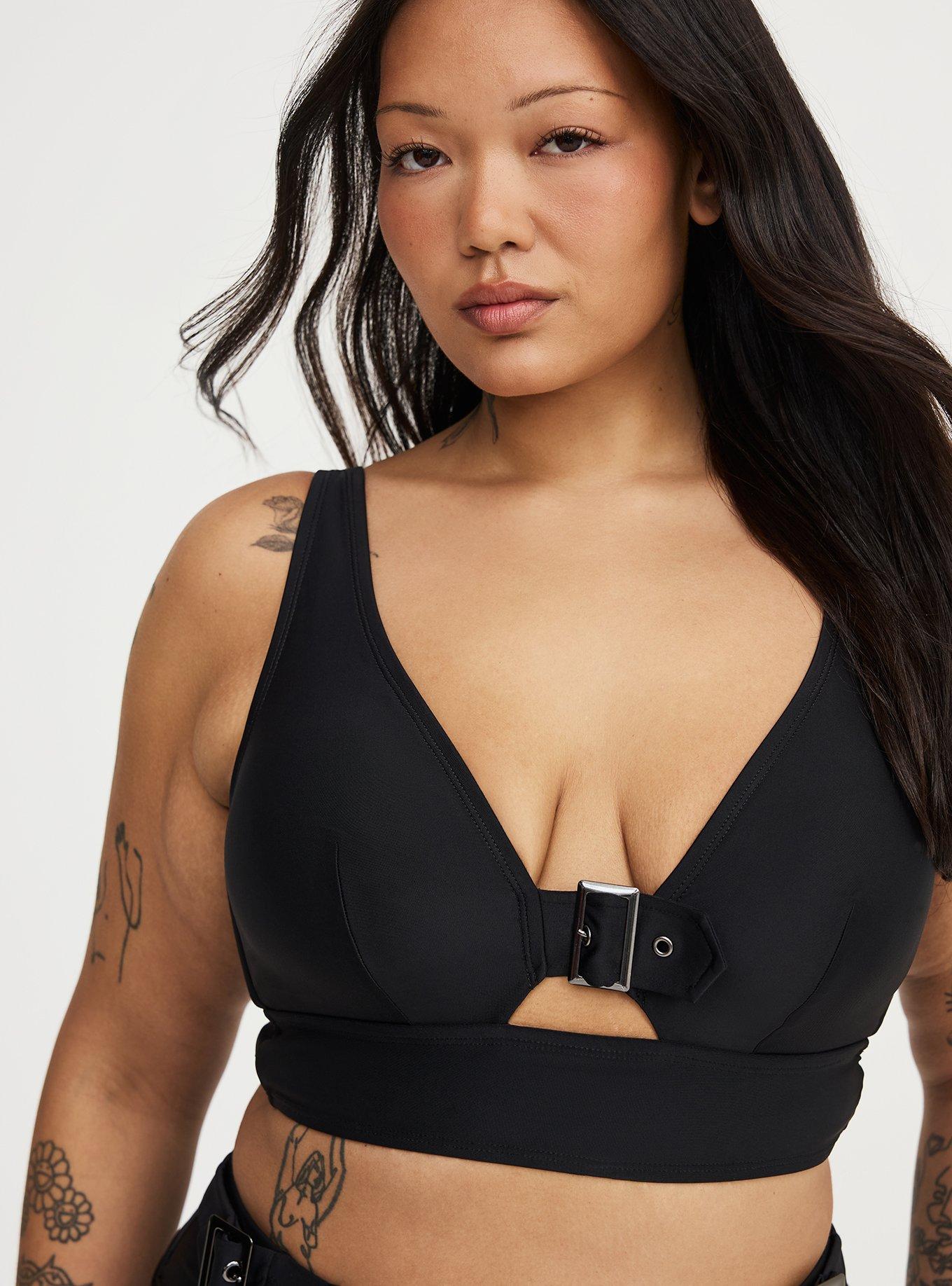 Nightfall Zip-Front Buckle Bikini Top, DEEP BLACK, hi-res