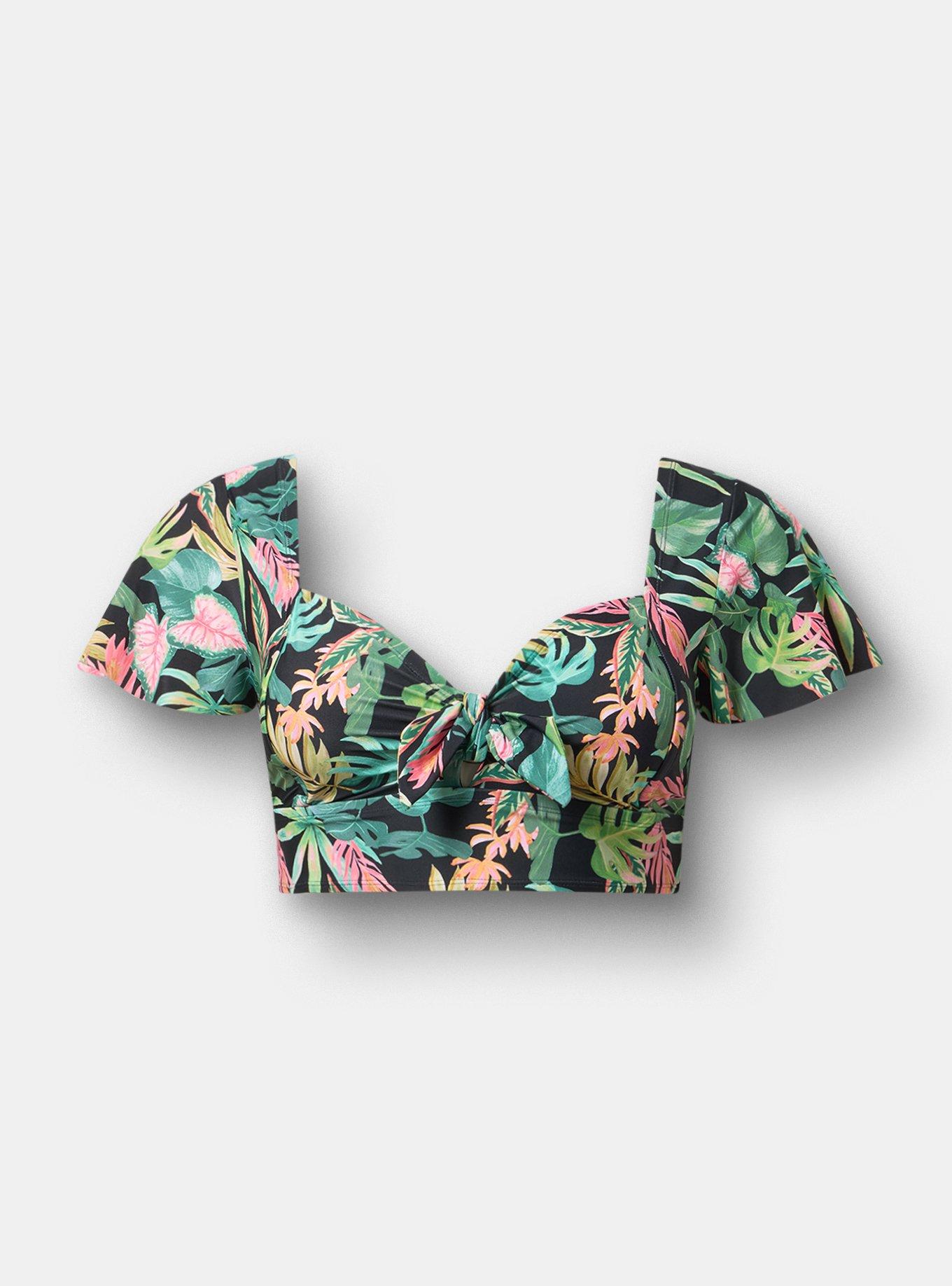 Wire-Free Tie Front Swim Top, ARIANA TROPICAL BLACK, hi-res