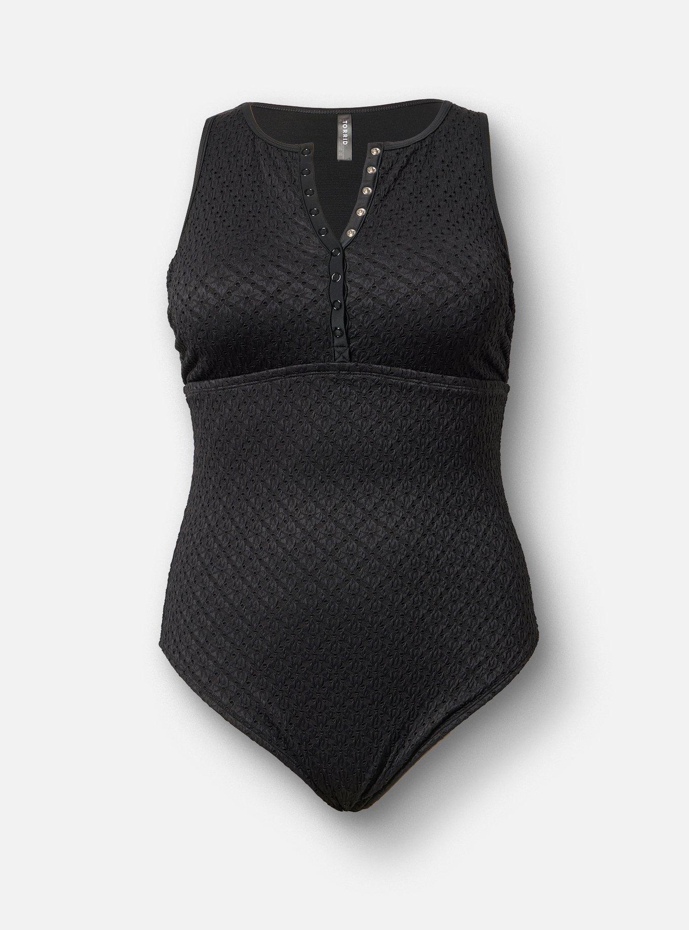 Lace Henley One Piece Swimsuit, DEEP BLACK, hi-res